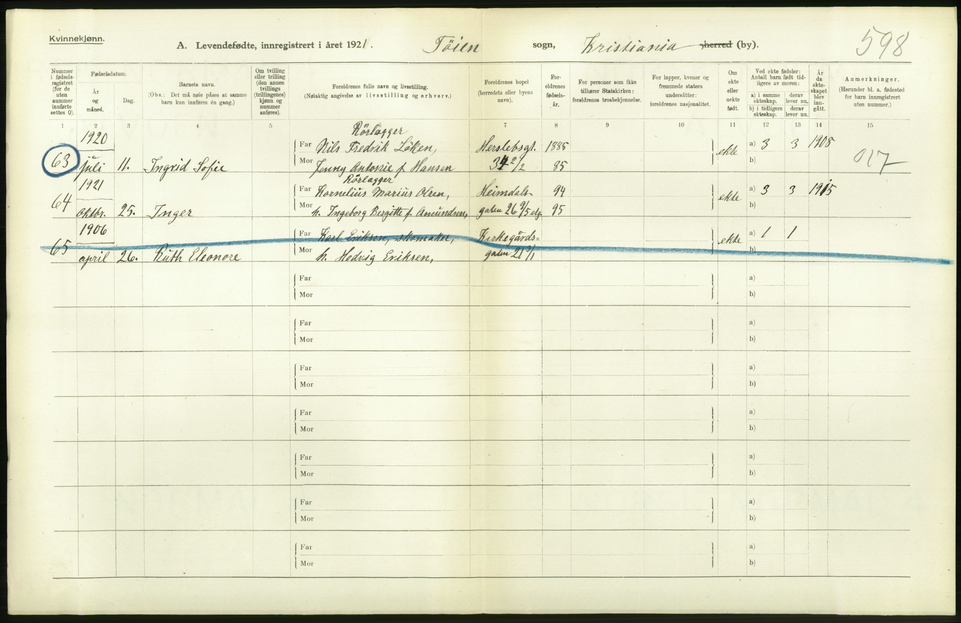 Statistisk sentralbyrå, Sosiodemografiske emner, Befolkning, AV/RA-S-2228/D/Df/Dfc/Dfca/L0009: Kristiania: Levendefødte menn og kvinner., 1921, s. 314