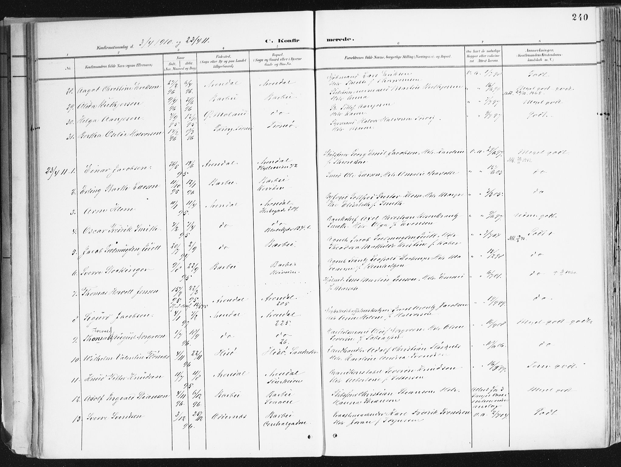 Arendal sokneprestkontor, Trefoldighet, SAK/1111-0040/F/Fa/L0010: Ministerialbok nr. A 10, 1900-1919, s. 240
