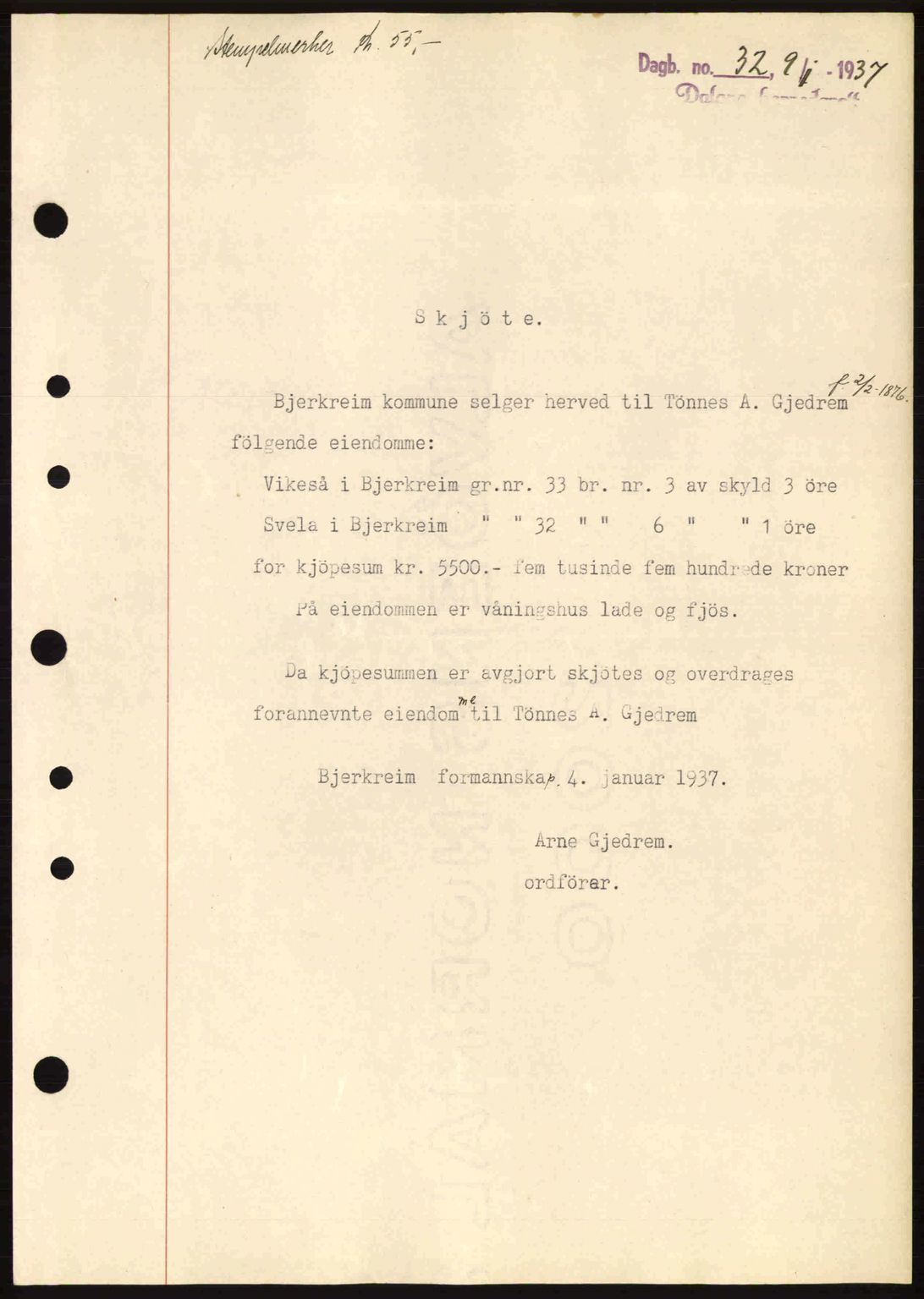 Dalane sorenskriveri, SAST/A-100309/02/G/Gb/L0041: Pantebok nr. A2, 1936-1937, Dagboknr: 32/1937