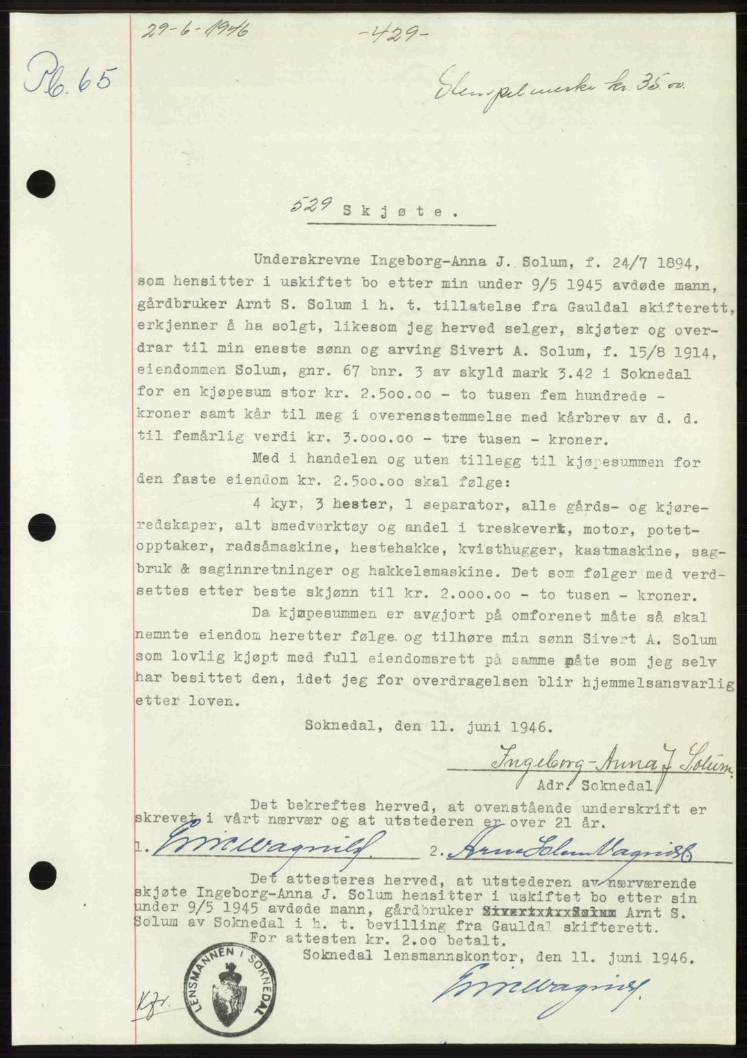 Gauldal sorenskriveri, SAT/A-0014/1/2/2C: Pantebok nr. A2, 1946-1946, Dagboknr: 529/1946