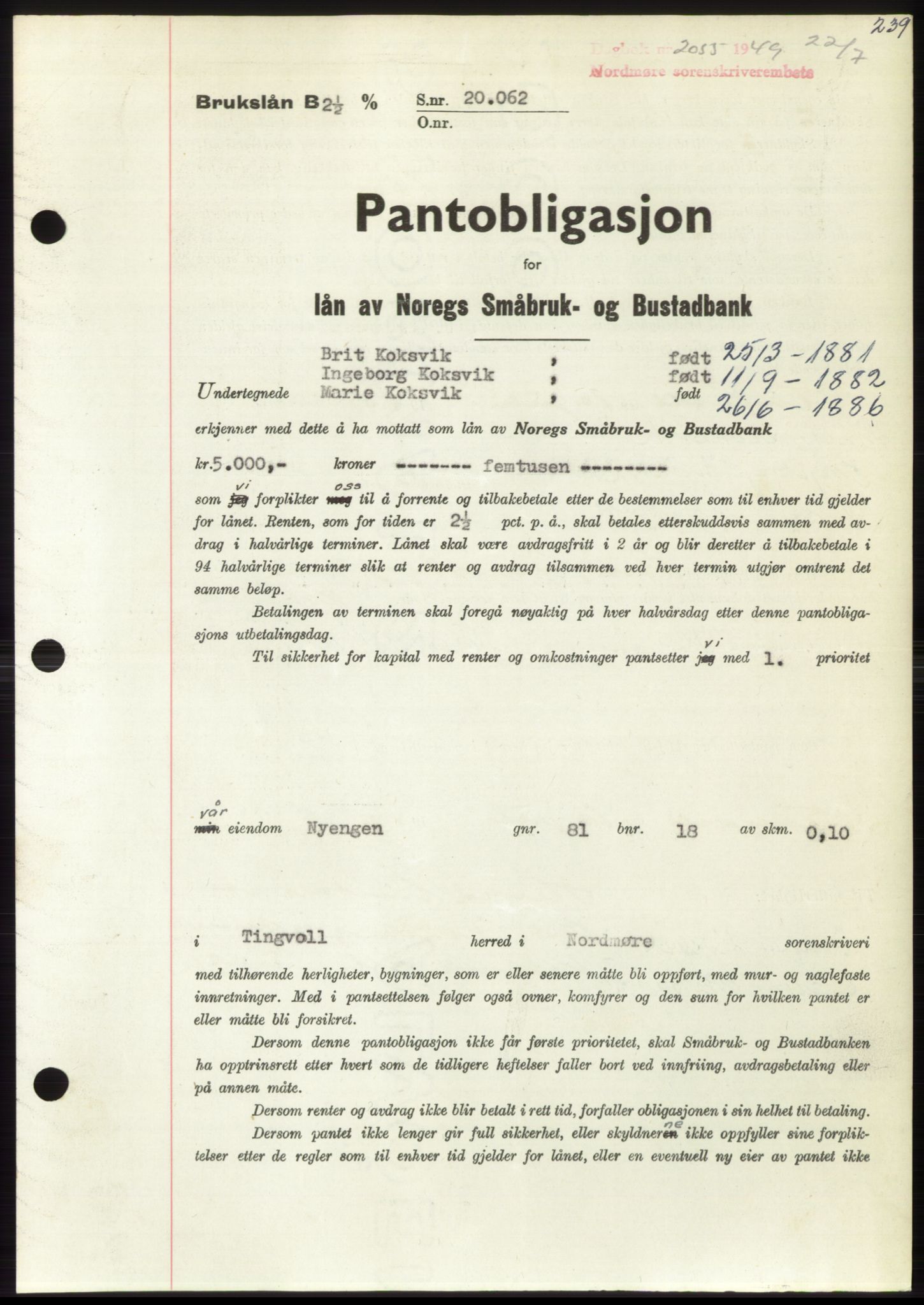 Nordmøre sorenskriveri, SAT/A-4132/1/2/2Ca: Pantebok nr. B102, 1949-1949, Dagboknr: 2055/1949
