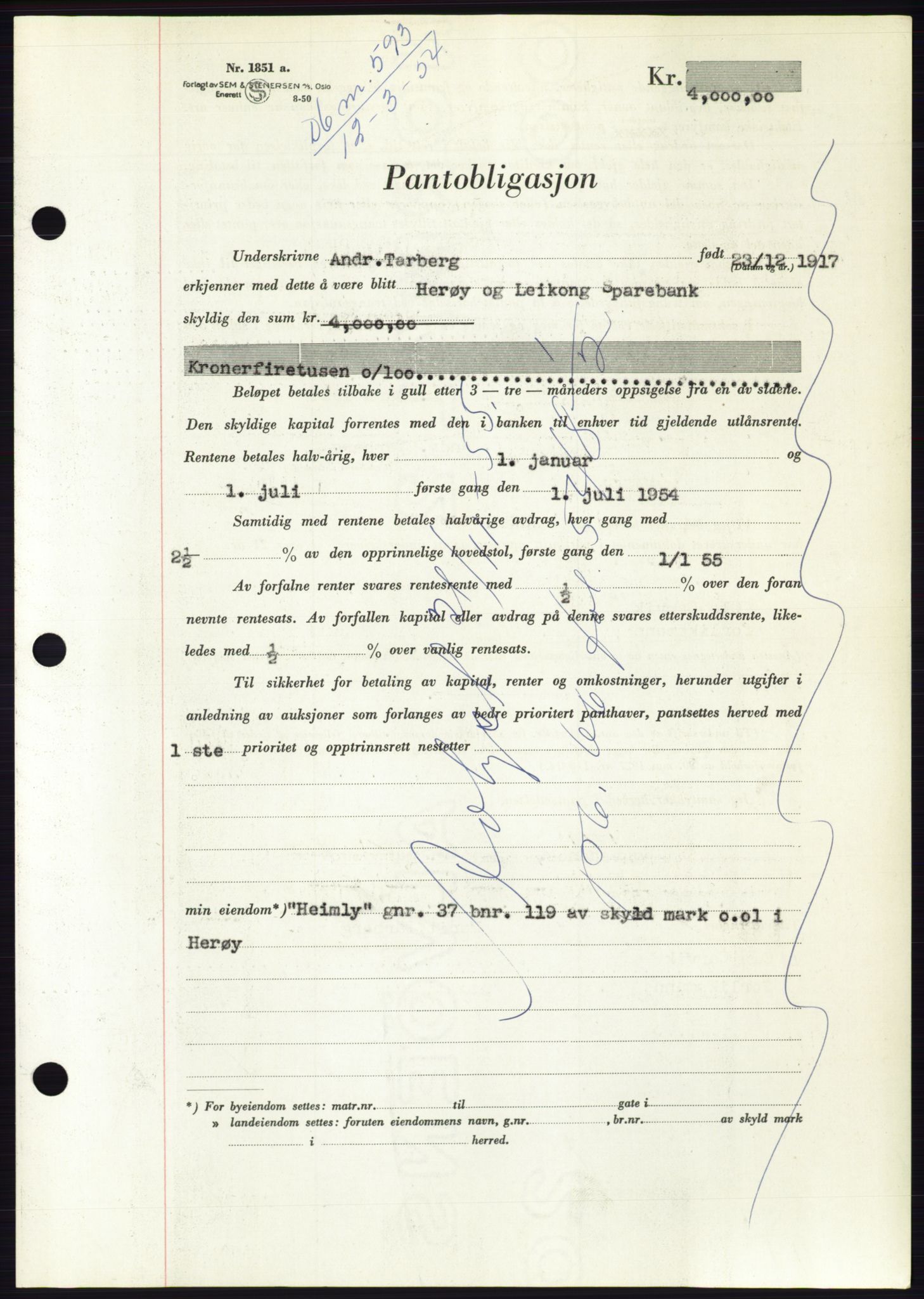 Søre Sunnmøre sorenskriveri, AV/SAT-A-4122/1/2/2C/L0124: Pantebok nr. 12B, 1953-1954, Dagboknr: 593/1954