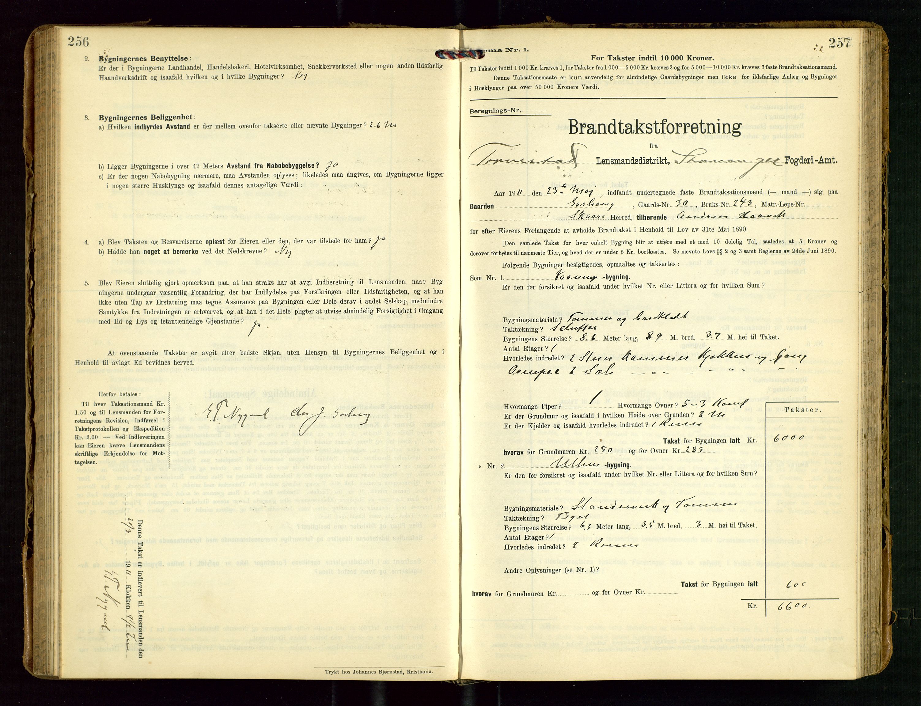 Torvestad lensmannskontor, SAST/A-100307/1/Gob/L0004: "Brandtaxationsprotokol for Torvestad Lensmannsdistrikt", 1909-1923, s. 256-257