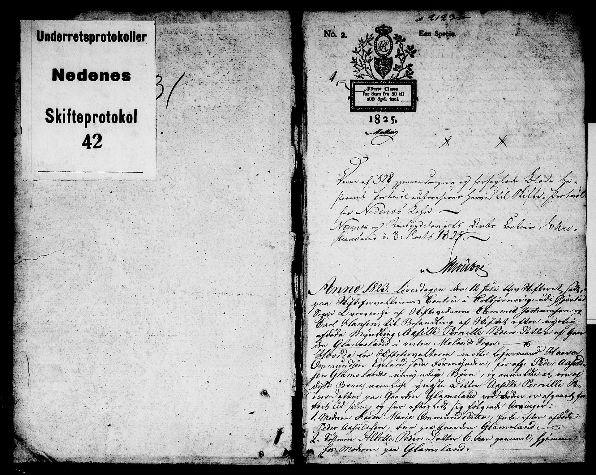 Nedenes sorenskriveri før 1824, AV/SAK-1221-0007/H/Hc/L0058: Skifteprotokoll med register nr 42, 1823-1824, s. 0b-1a