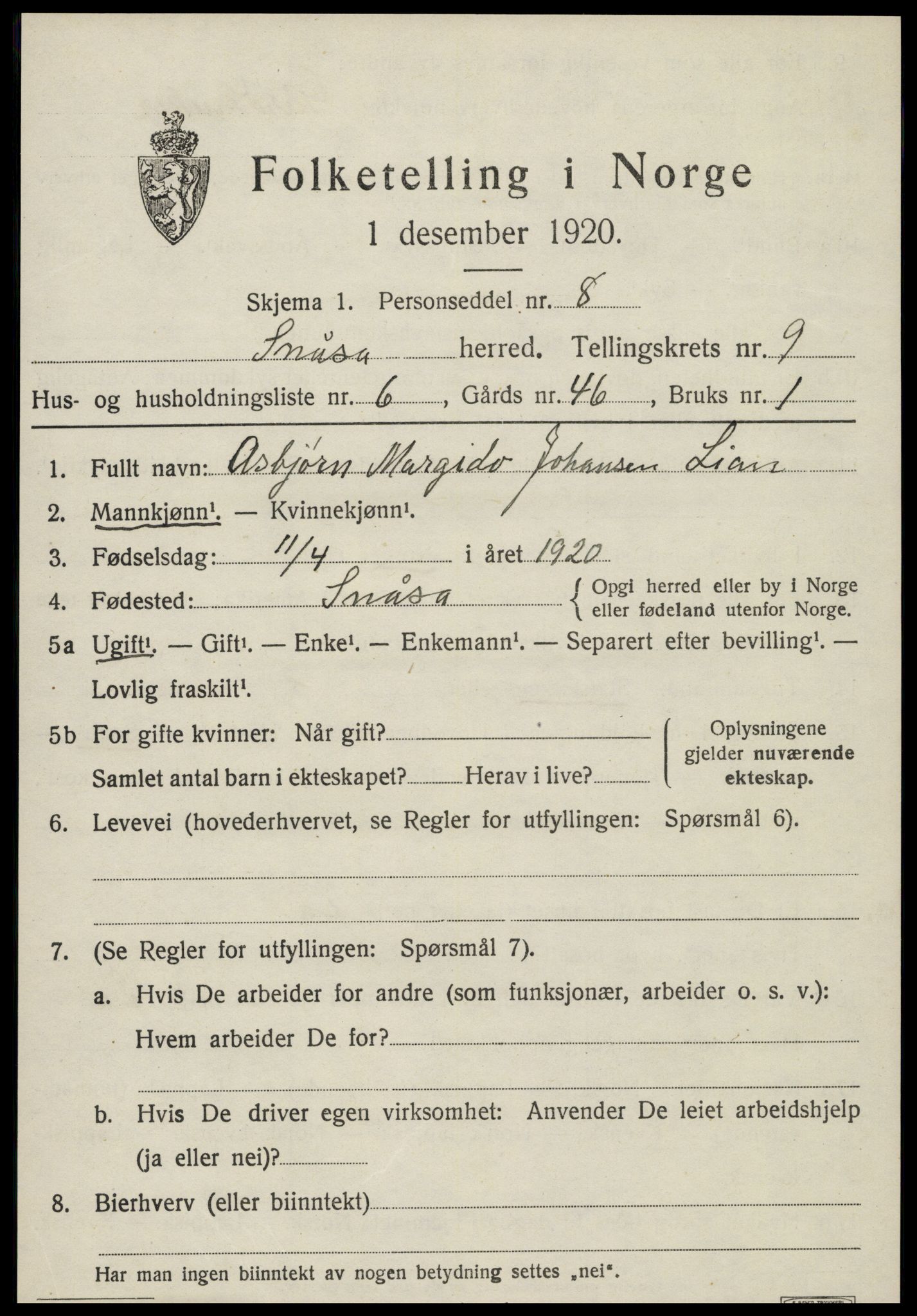 SAT, Folketelling 1920 for 1736 Snåsa herred, 1920, s. 3738