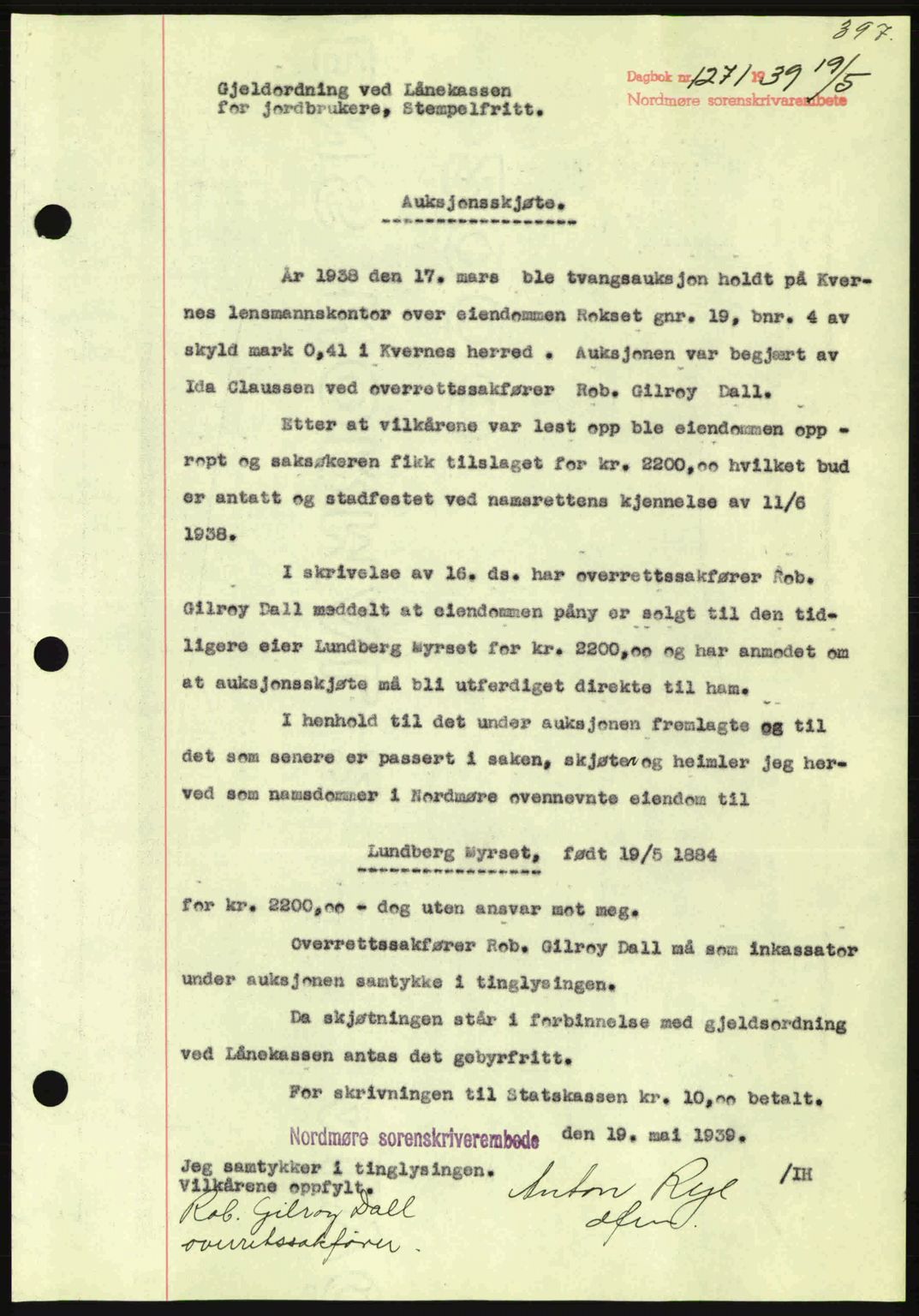 Nordmøre sorenskriveri, SAT/A-4132/1/2/2Ca: Pantebok nr. A86, 1939-1939, Dagboknr: 1271/1939