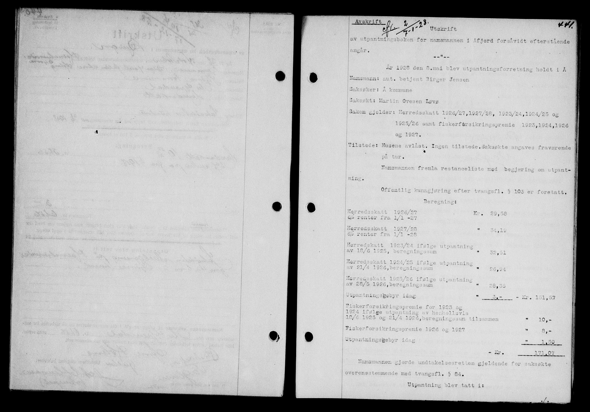 Fosen sorenskriveri, AV/SAT-A-1107/1/2/2C/L0067: Pantebok nr. 58, 1928-1929, s. 441, Tingl.dato: 07.01.1929