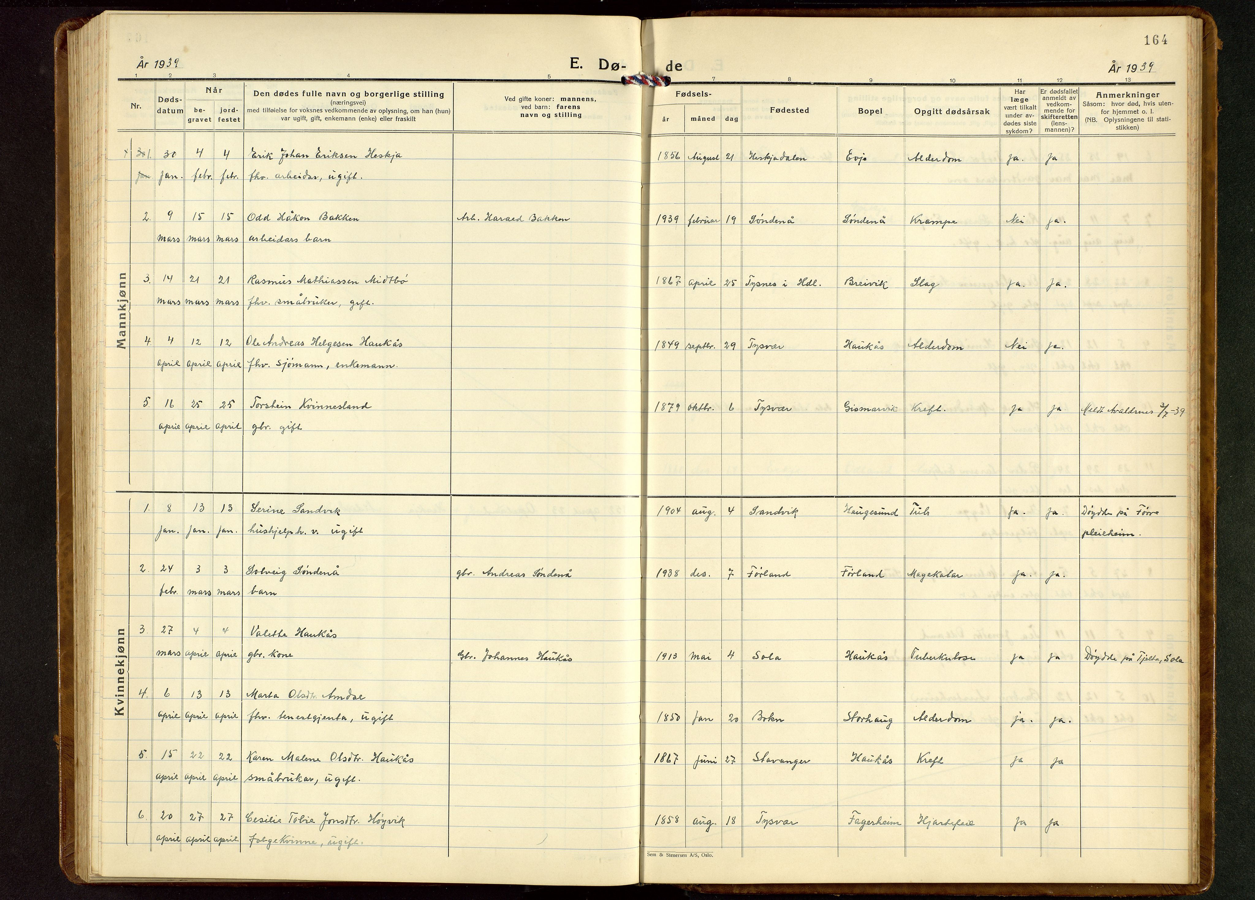 Tysvær sokneprestkontor, AV/SAST-A -101864/H/Ha/Hab/L0006: Klokkerbok nr. B 6, 1932-1946, s. 164