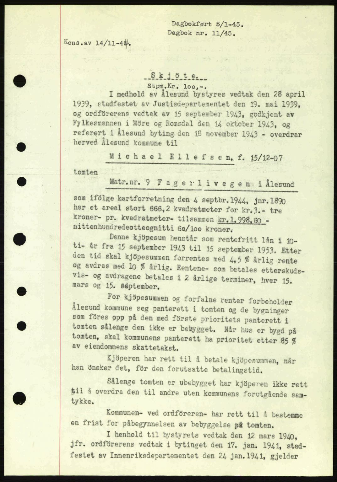 Ålesund byfogd, AV/SAT-A-4384: Pantebok nr. 36a, 1944-1945, Dagboknr: 11/1945