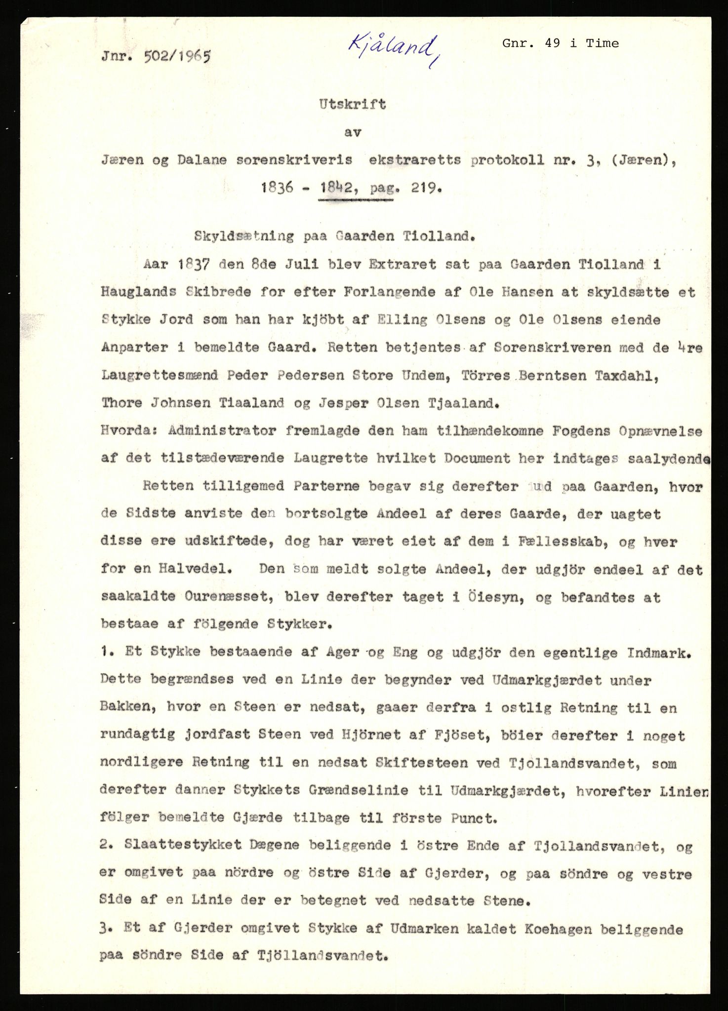 Statsarkivet i Stavanger, AV/SAST-A-101971/03/Y/Yj/L0047: Avskrifter sortert etter gårdsnavn: Kirketeigen - Klovning, 1750-1930, s. 242