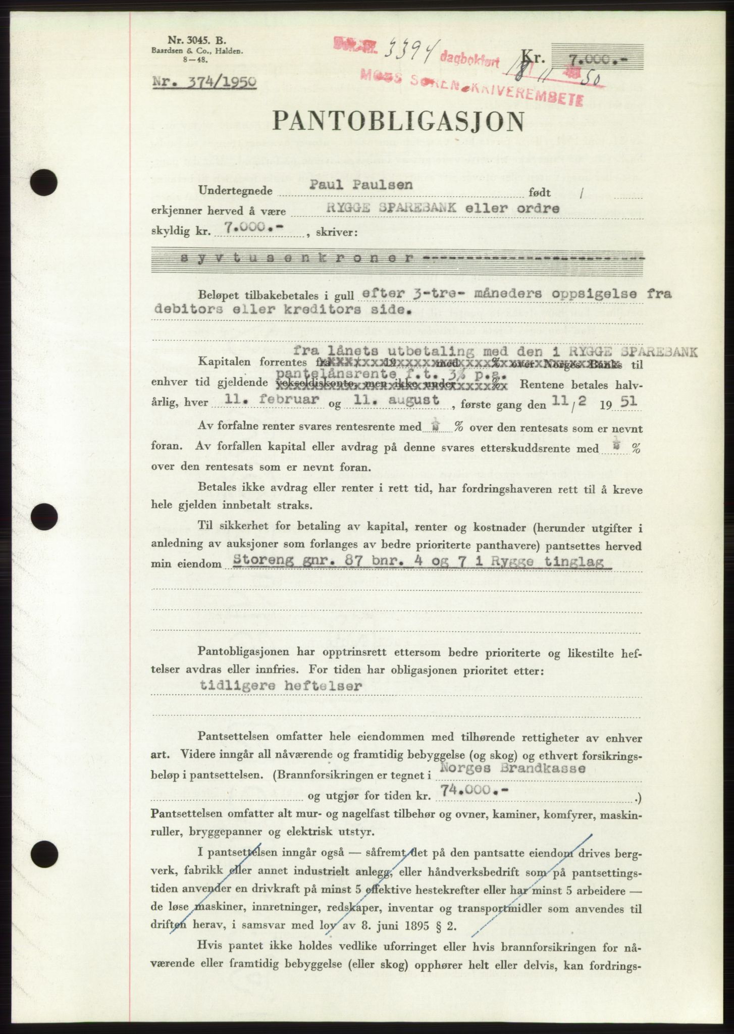 Moss sorenskriveri, SAO/A-10168: Pantebok nr. B25, 1950-1950, Dagboknr: 3394/1950