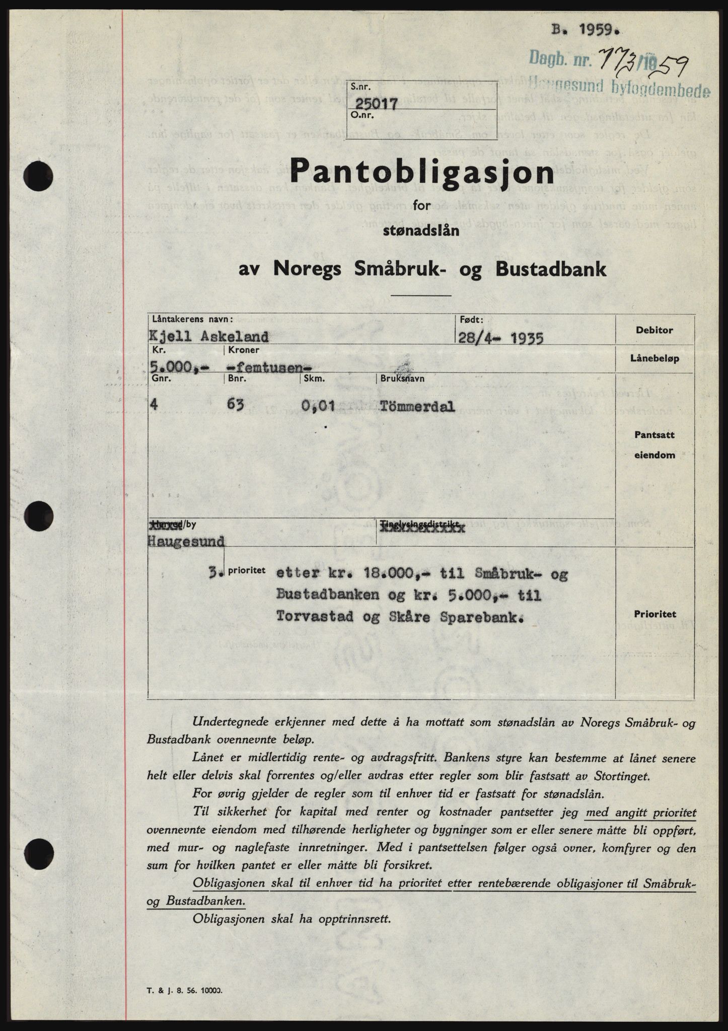Haugesund tingrett, SAST/A-101415/01/II/IIC/L0045: Pantebok nr. B 45, 1959-1959, Dagboknr: 773/1959