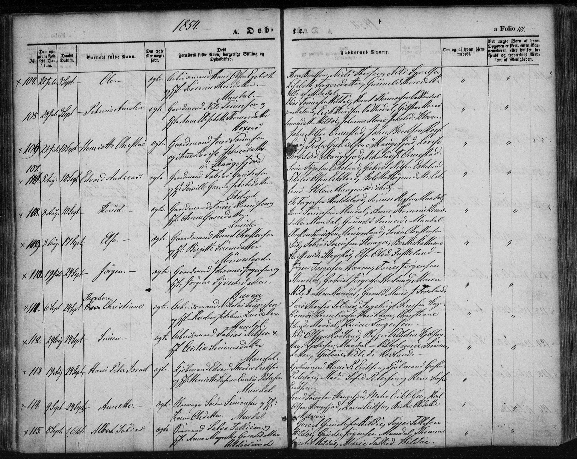 Mandal sokneprestkontor, AV/SAK-1111-0030/F/Fa/Faa/L0013: Ministerialbok nr. A 13, 1847-1859, s. 101