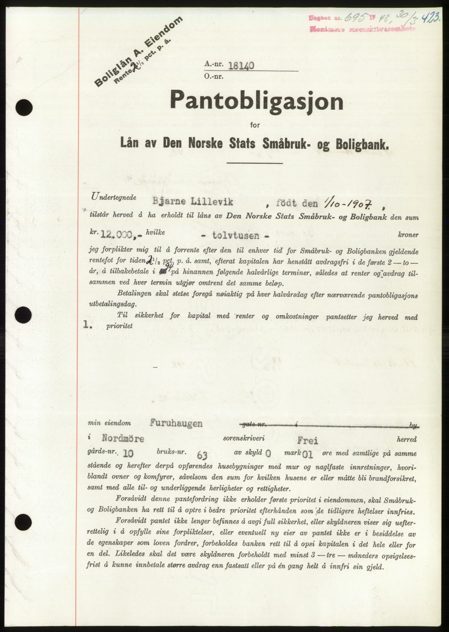 Nordmøre sorenskriveri, AV/SAT-A-4132/1/2/2Ca: Pantebok nr. B98, 1948-1948, Dagboknr: 695/1948