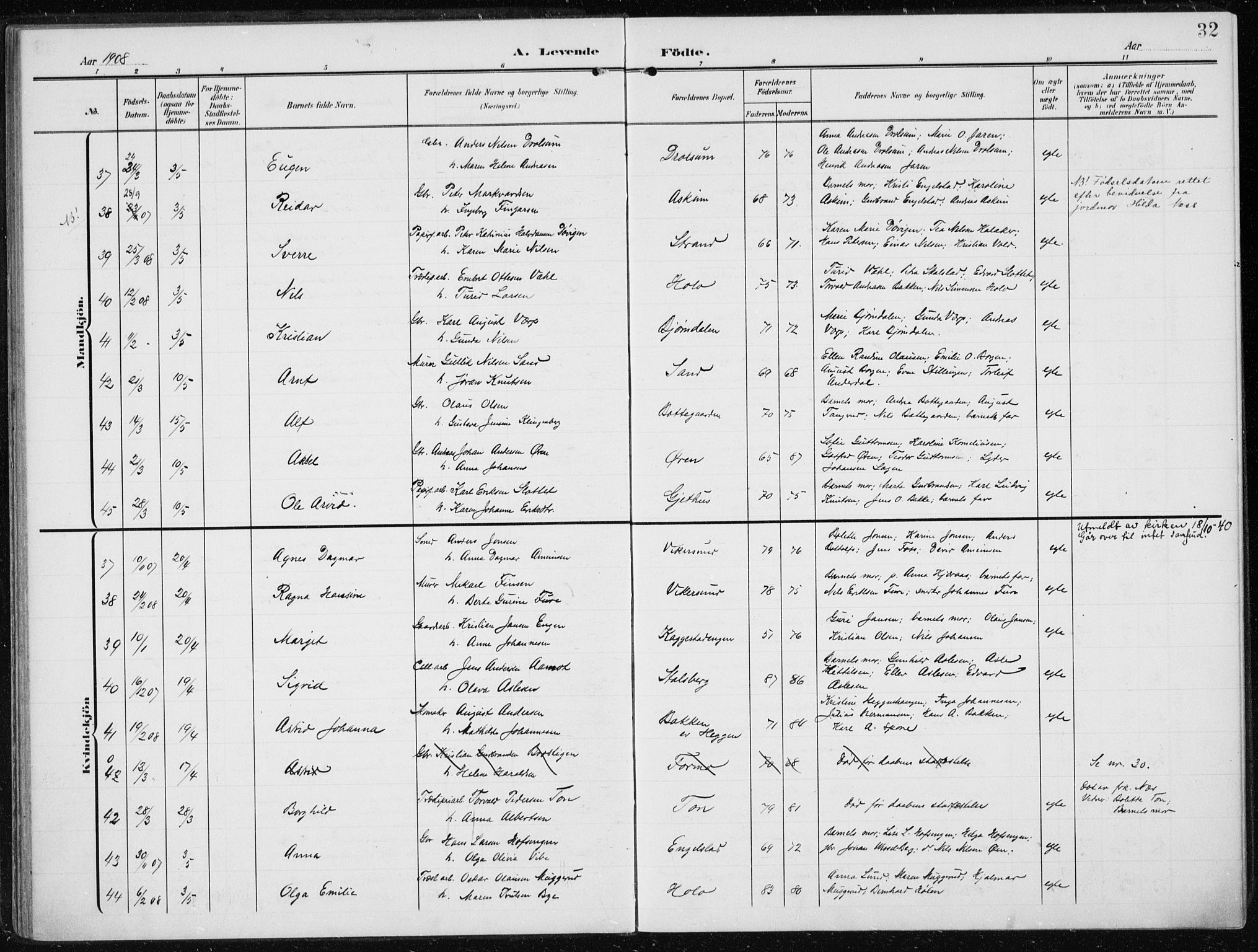 Modum kirkebøker, AV/SAKO-A-234/F/Fa/L0014a: Ministerialbok nr. 14A, 1906-1918, s. 32