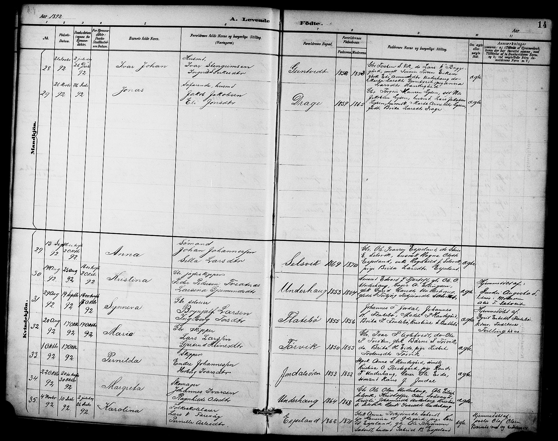 Ullensvang sokneprestembete, AV/SAB-A-78701/H/Hab: Klokkerbok nr. D 1, 1891-1908, s. 14