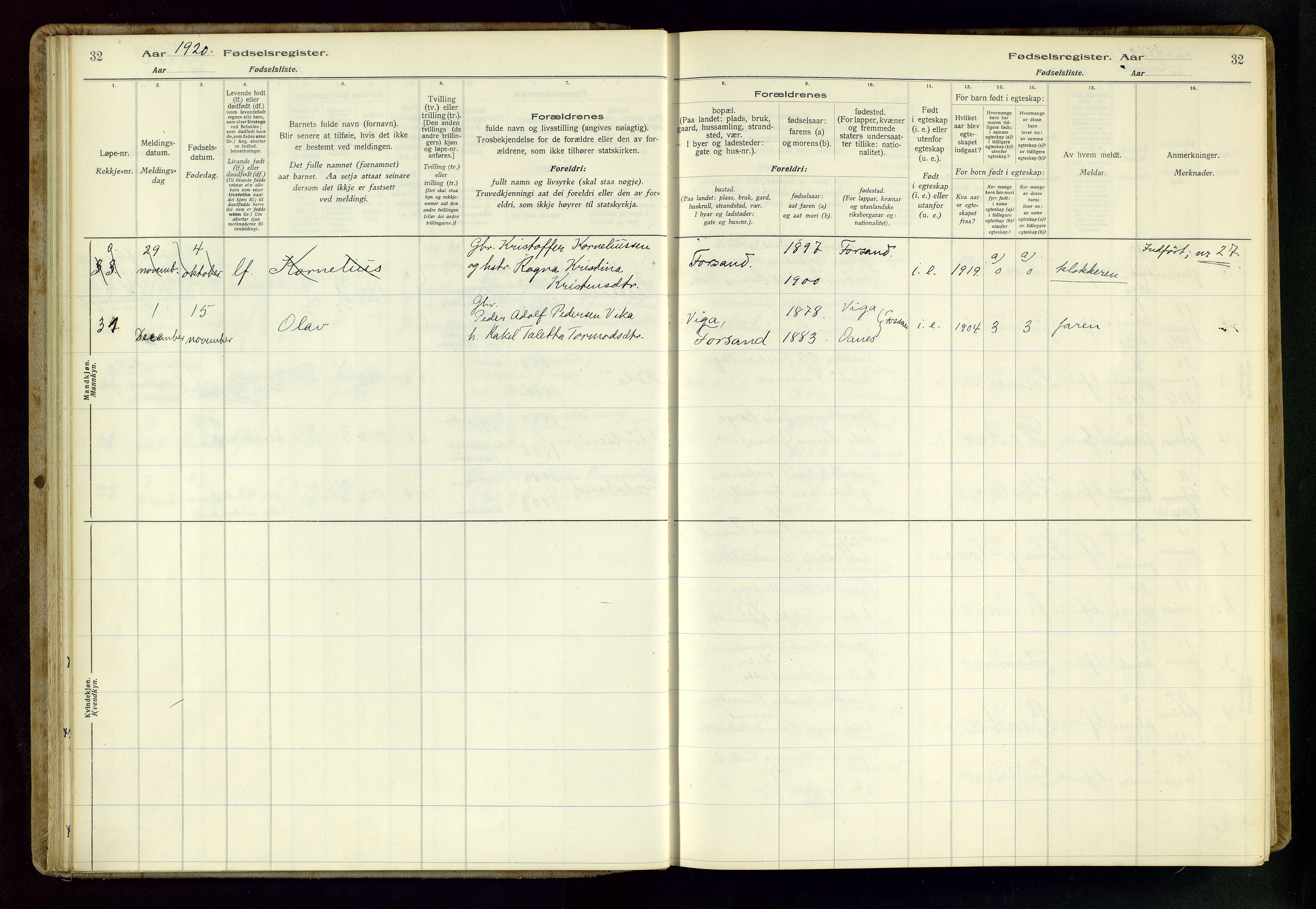 Høgsfjord sokneprestkontor, AV/SAST-A-101624/I/Id/L0002: Fødselsregister nr. 2, 1916-1959, s. 32