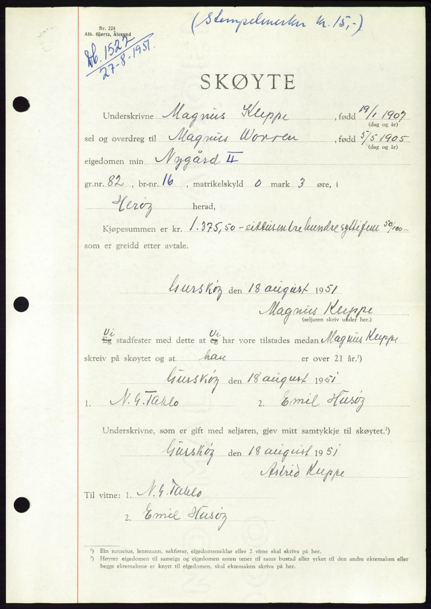 Søre Sunnmøre sorenskriveri, AV/SAT-A-4122/1/2/2C/L0089: Pantebok nr. 15A, 1951-1951, Dagboknr: 1522/1951