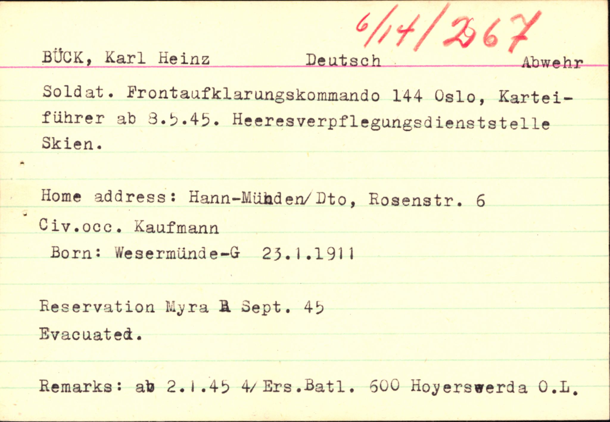 Forsvaret, Forsvarets overkommando II, AV/RA-RAFA-3915/D/Db/L0004: CI Questionaires. Tyske okkupasjonsstyrker i Norge. Tyskere., 1945-1946, s. 434