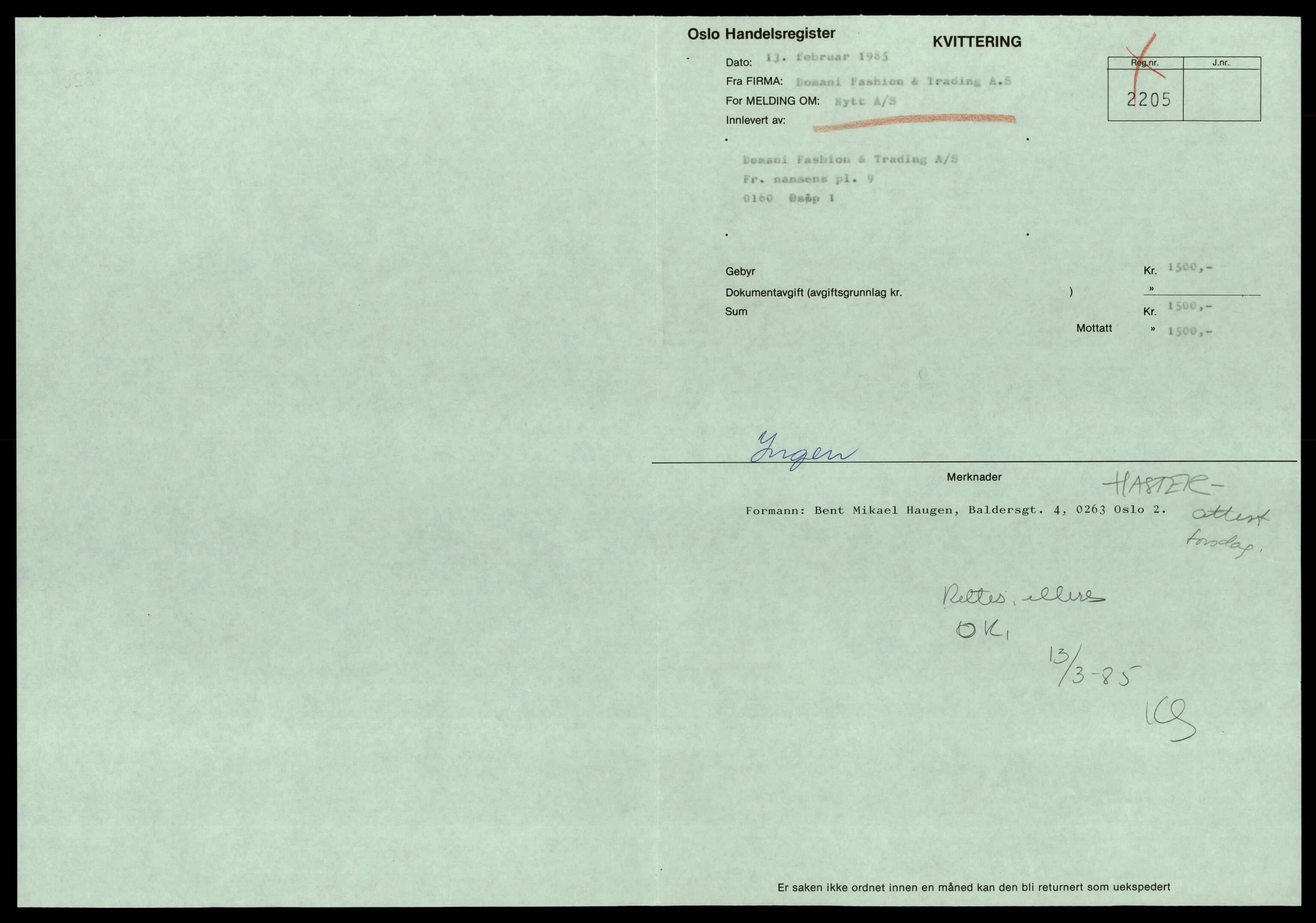 Oslo byfogd, Handelsregisteret, SAT/A-10867/G/Gc/Gca/L0179: Ikke konverterte foretak, Dom-DPS, 1890-1990, s. 1