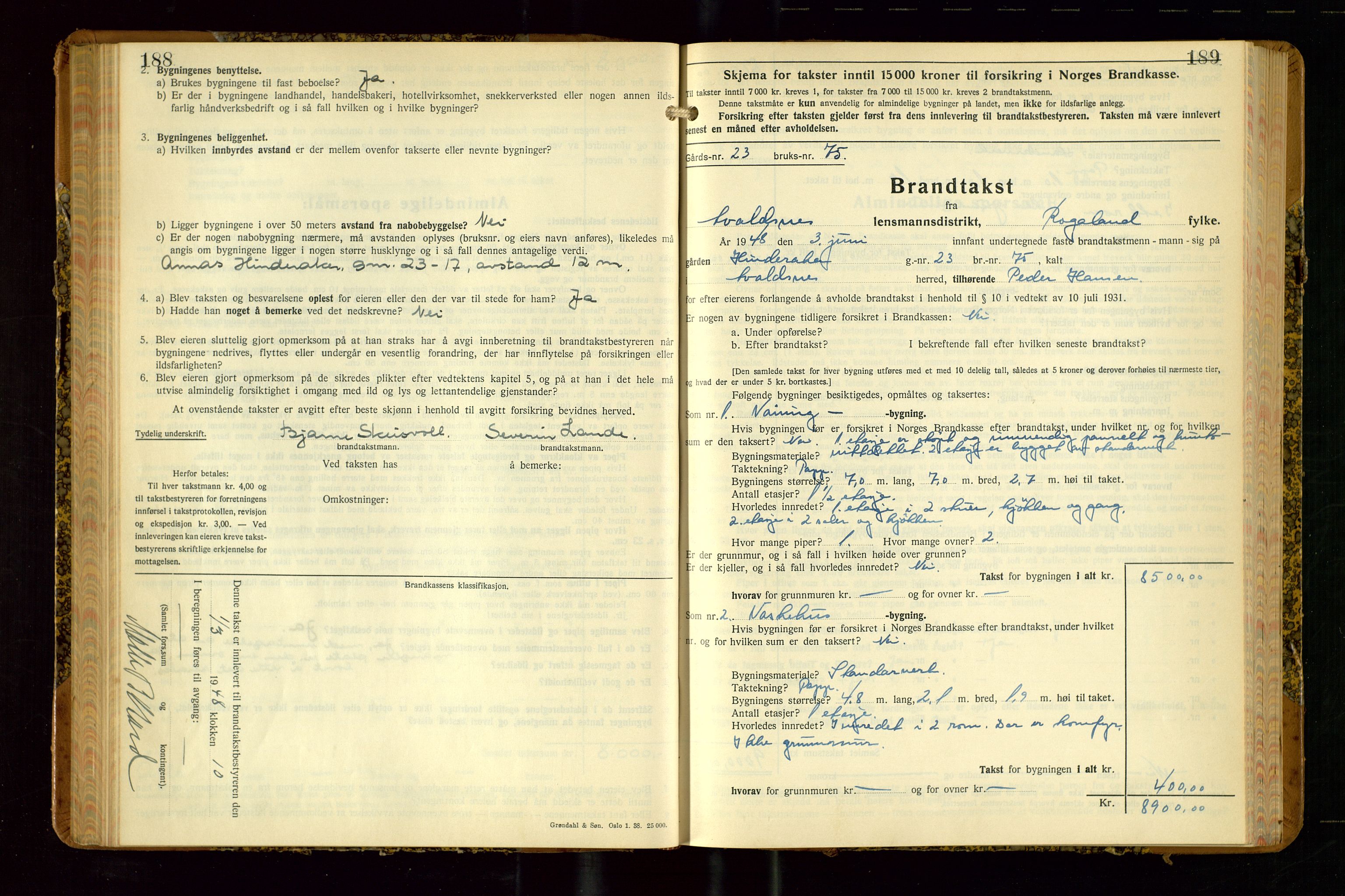 Avaldsnes lensmannskontor, AV/SAST-A-100286/Gob/L0002: "Branntakstprotokoll for Avaldsnes lensmannsdistrikt Rogaland fylke", 1940-1950, s. 188-189