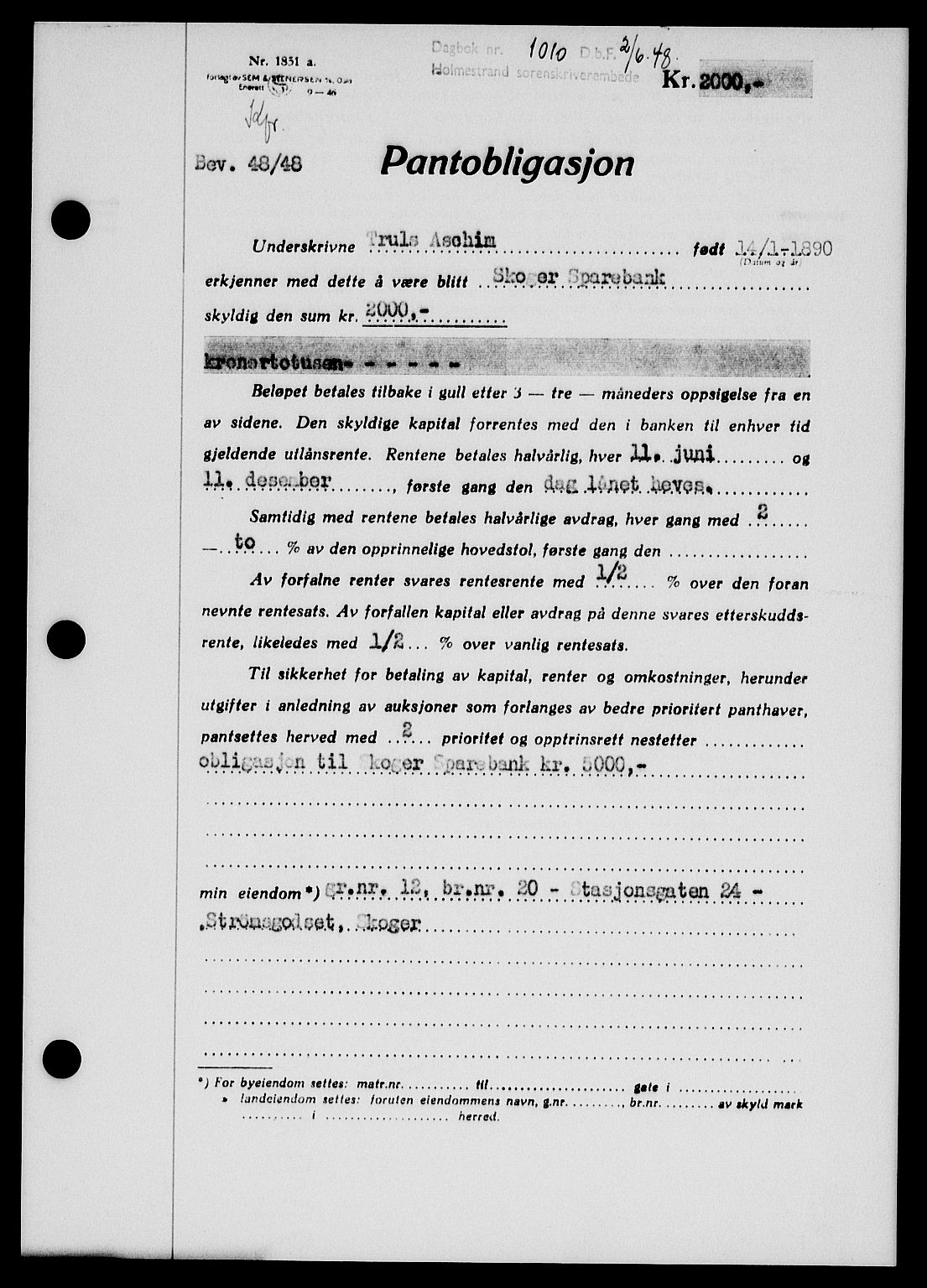 Holmestrand sorenskriveri, SAKO/A-67/G/Ga/Gab/L0058: Pantebok nr. B-58, 1947-1948, Dagboknr: 1010/1948