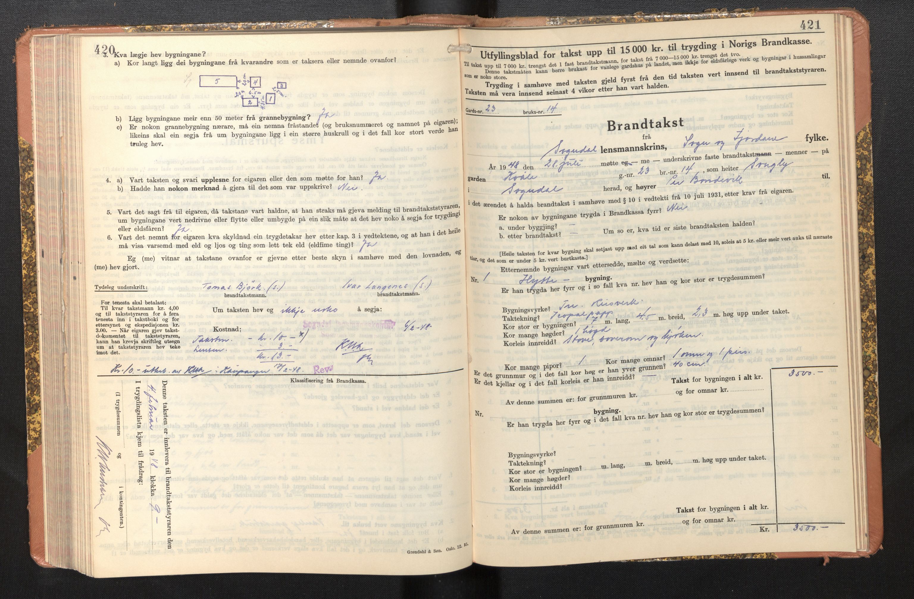 Lensmannen i Sogndal, AV/SAB-A-29901/0012/L0014: Branntakstprotokoll, skjematakst, 1938-1950, s. 420-421