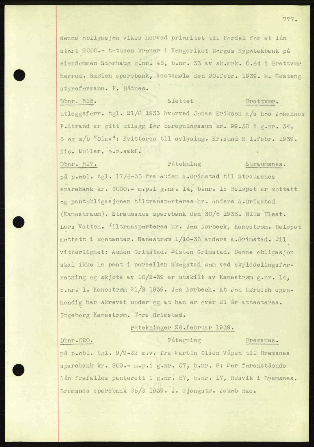 Nordmøre sorenskriveri, SAT/A-4132/1/2/2Ca: Pantebok nr. C80, 1936-1939, Dagboknr: 515/1939