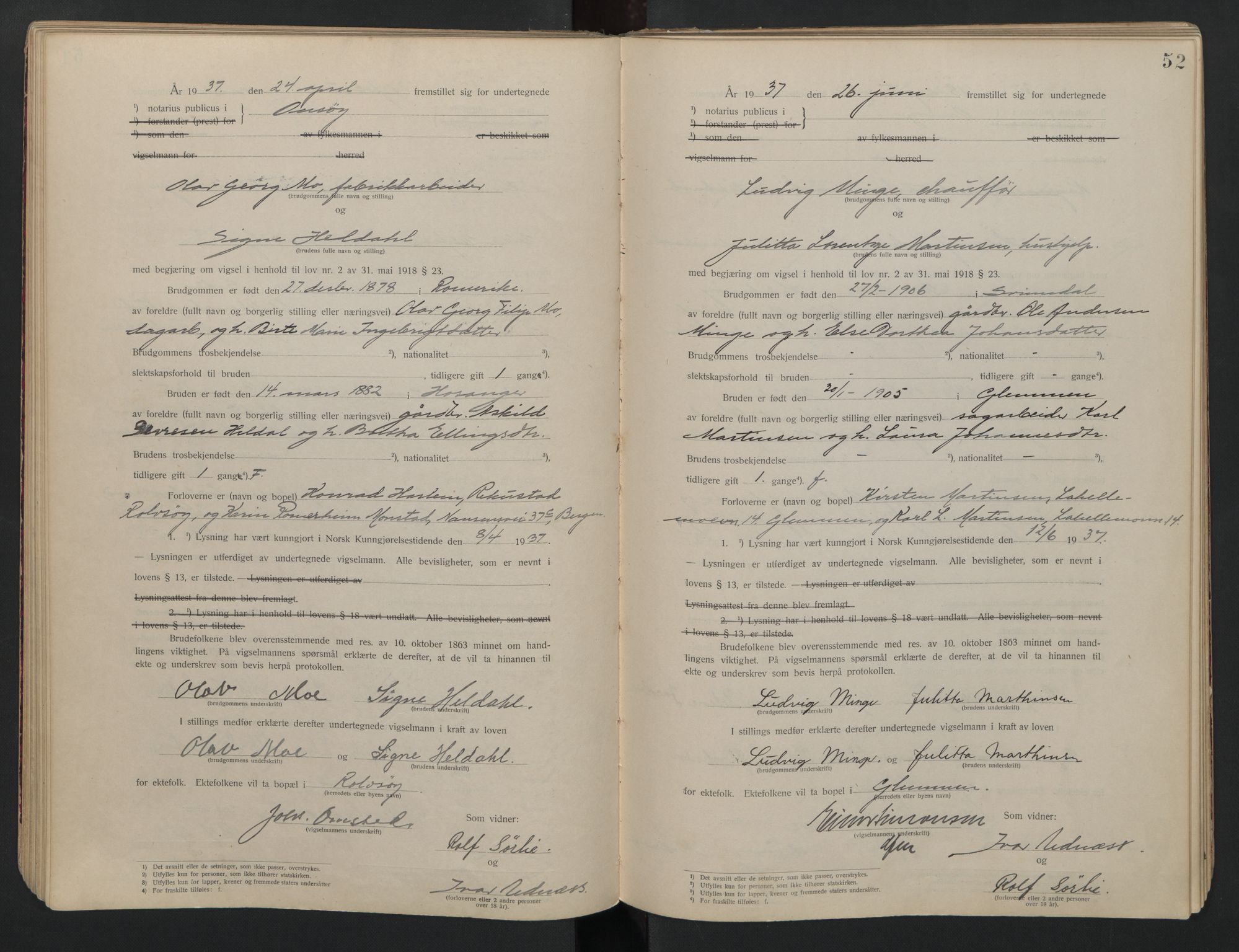 Onsøy sorenskriveri, AV/SAO-A-10474/L/La/L0001: Vigselsbok, 1920-1942, s. 52