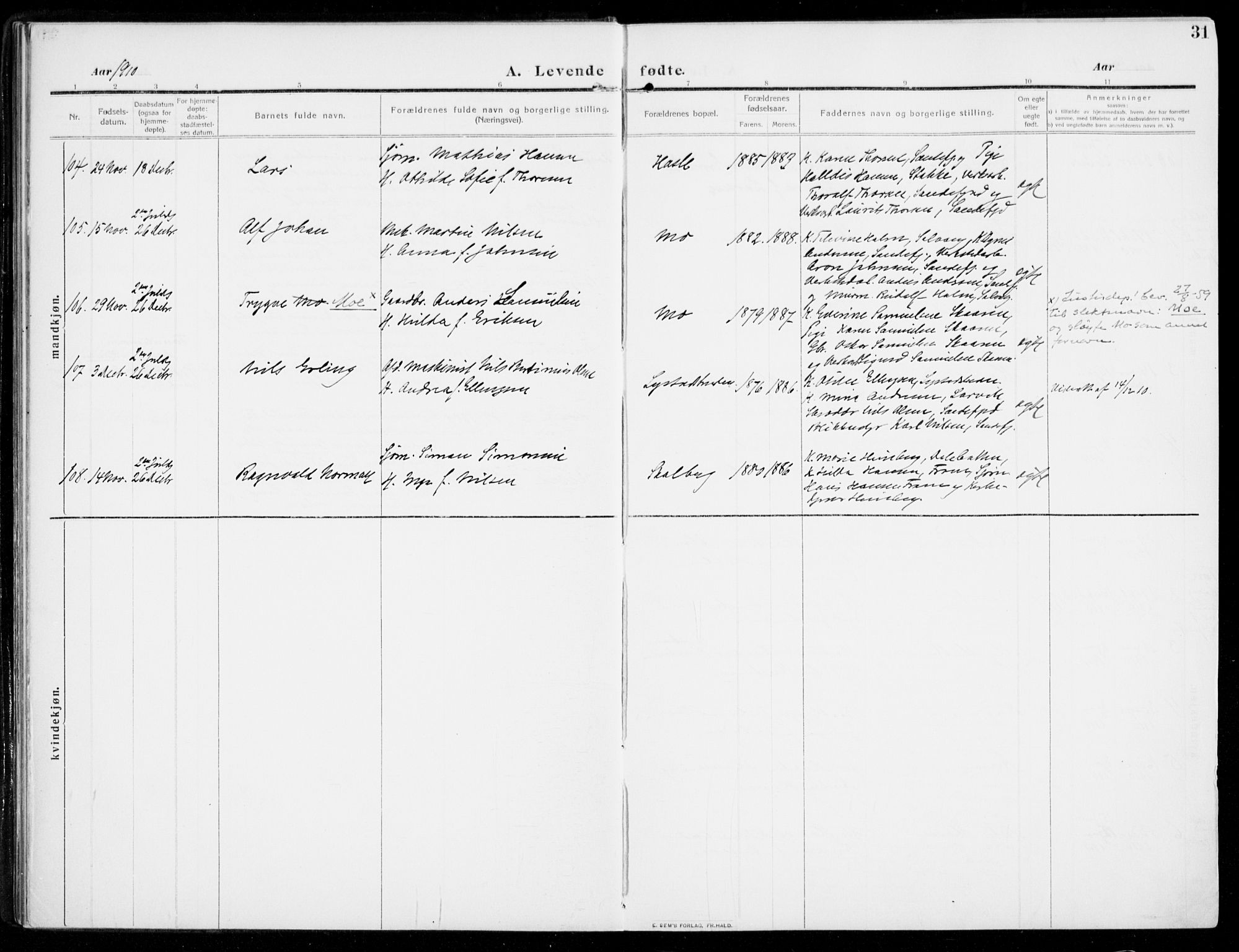 Sandar kirkebøker, AV/SAKO-A-243/F/Fa/L0016: Ministerialbok nr. 16, 1909-1919, s. 31