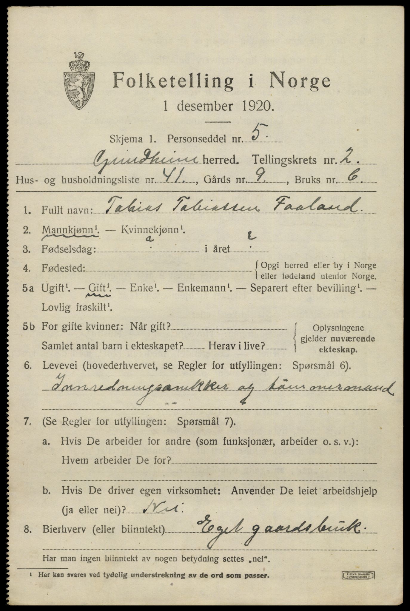 SAK, Folketelling 1920 for 1025 Grindheim herred, 1920, s. 865