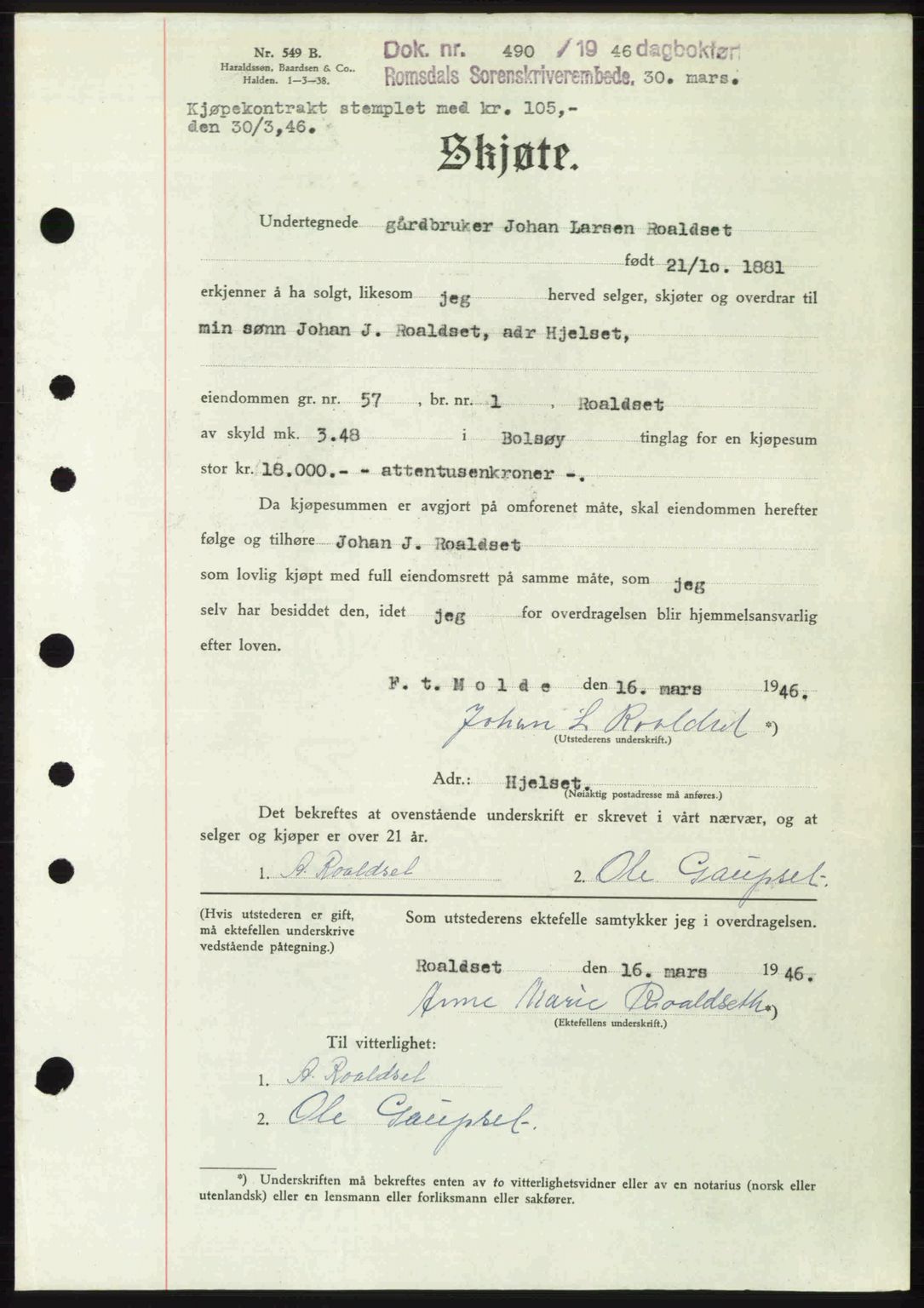 Romsdal sorenskriveri, SAT/A-4149/1/2/2C: Pantebok nr. A19, 1946-1946, Dagboknr: 490/1946