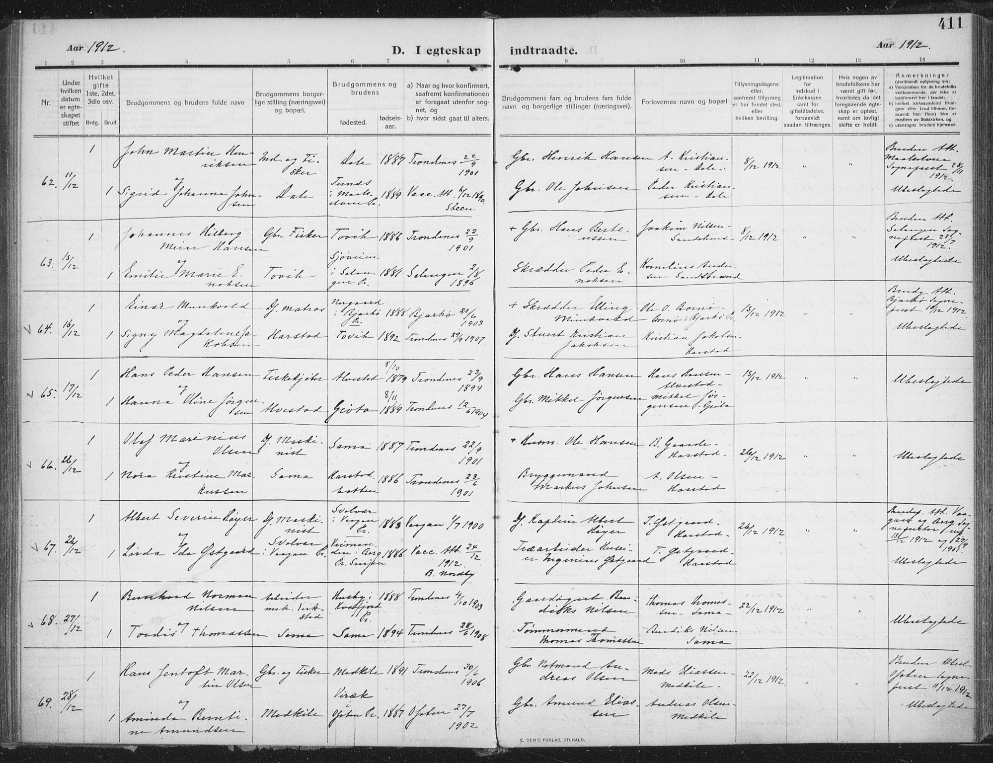 Trondenes sokneprestkontor, AV/SATØ-S-1319/H/Ha/L0018kirke: Ministerialbok nr. 18, 1909-1918, s. 411
