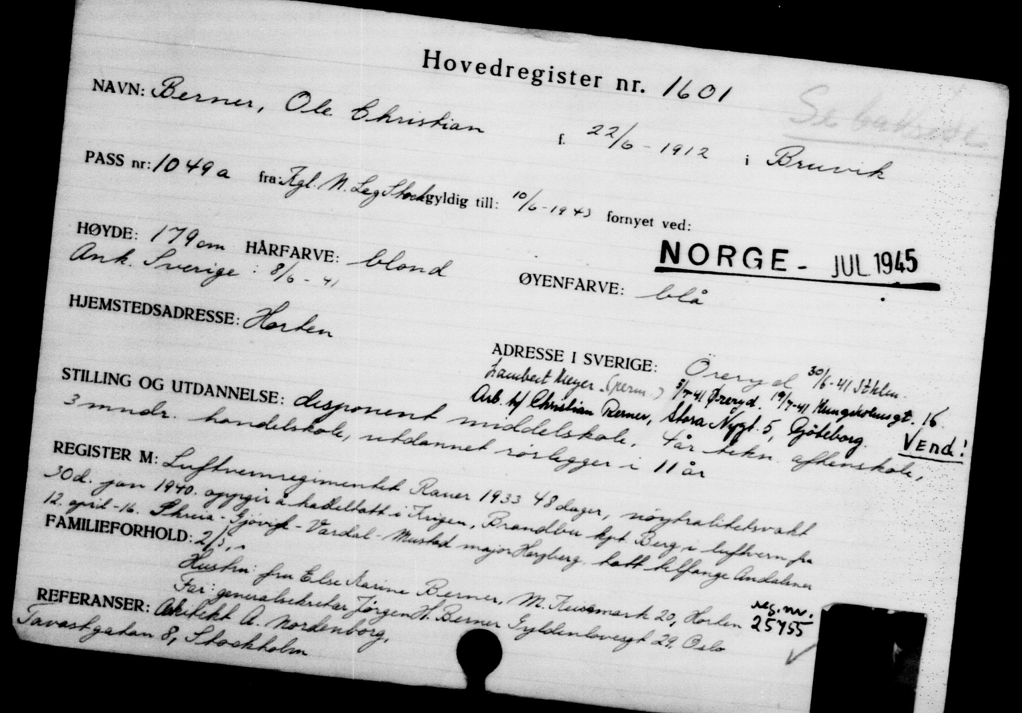 Utenriksstasjonene, Legasjonen i Stockholm, Flyktningkontoret, AV/RA-S-6753/V/Va/L0002: Kjesäterkartoteket, flyktninger med registreringsnr. 1001-2000, 1940-1945, s. 862