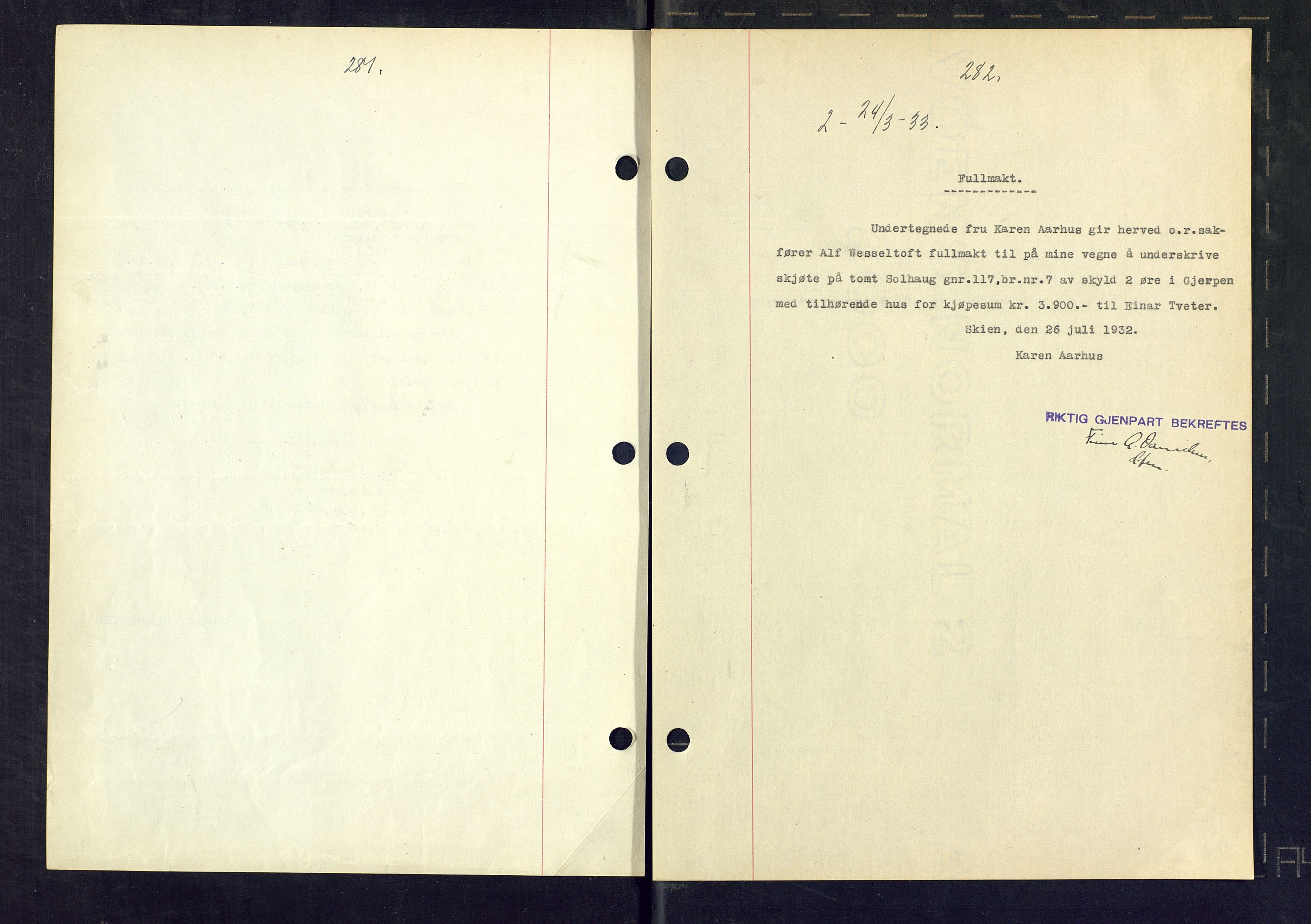 Gjerpen sorenskriveri, SAKO/A-216/G/Ga/Gaa/L0059: Pantebok nr. I 59-60 og 62, 1932-1934, Tingl.dato: 24.03.1933