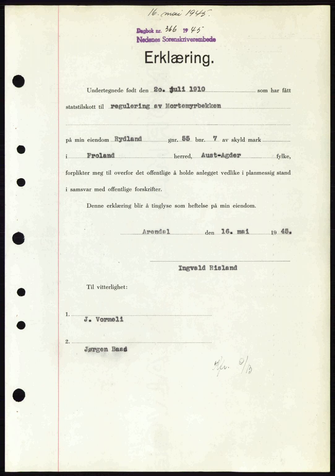 Nedenes sorenskriveri, SAK/1221-0006/G/Gb/Gba/L0052: Pantebok nr. A6a, 1944-1945, Dagboknr: 366/1945