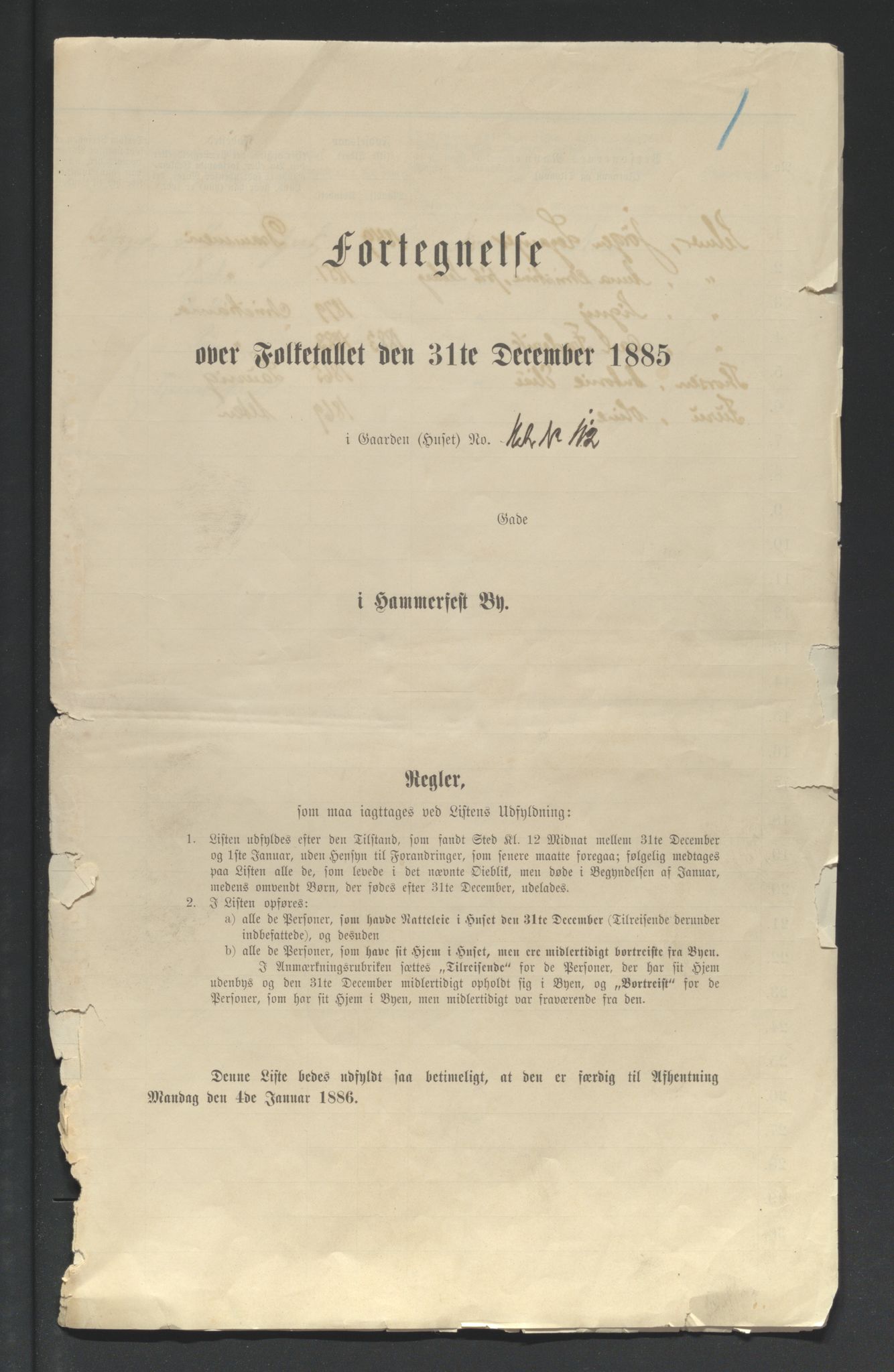 SATØ, Folketelling 1885 for 2001 Hammerfest kjøpstad, 1885, s. 1a