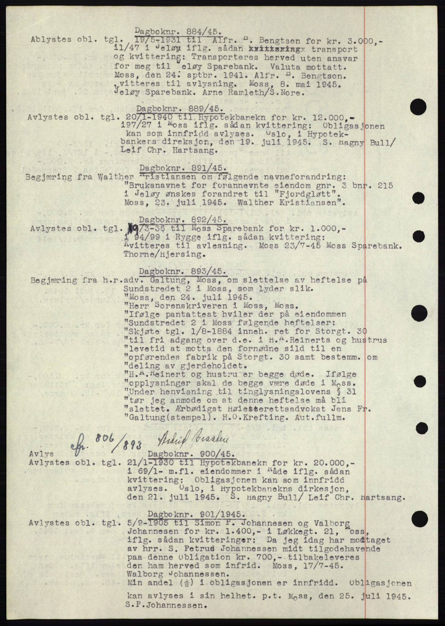 Moss sorenskriveri, SAO/A-10168: Pantebok nr. C10, 1938-1950, Dagboknr: 884/1945