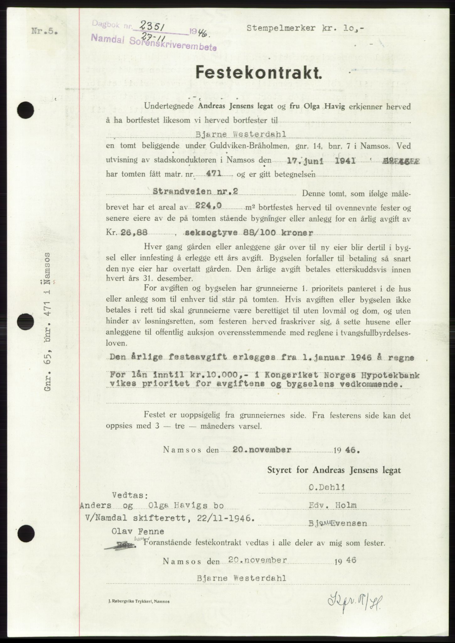 Namdal sorenskriveri, SAT/A-4133/1/2/2C: Pantebok nr. -, 1946-1947, Dagboknr: 2351/1946