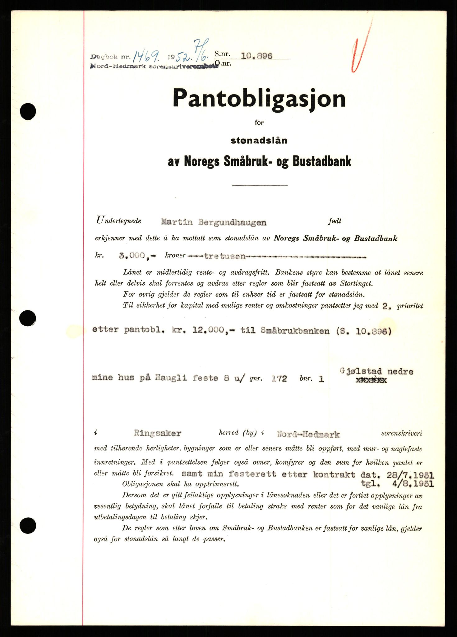 Nord-Hedmark sorenskriveri, SAH/TING-012/H/Hb/Hbf/L0025: Pantebok nr. B25, 1952-1952, Dagboknr: 1469/1952