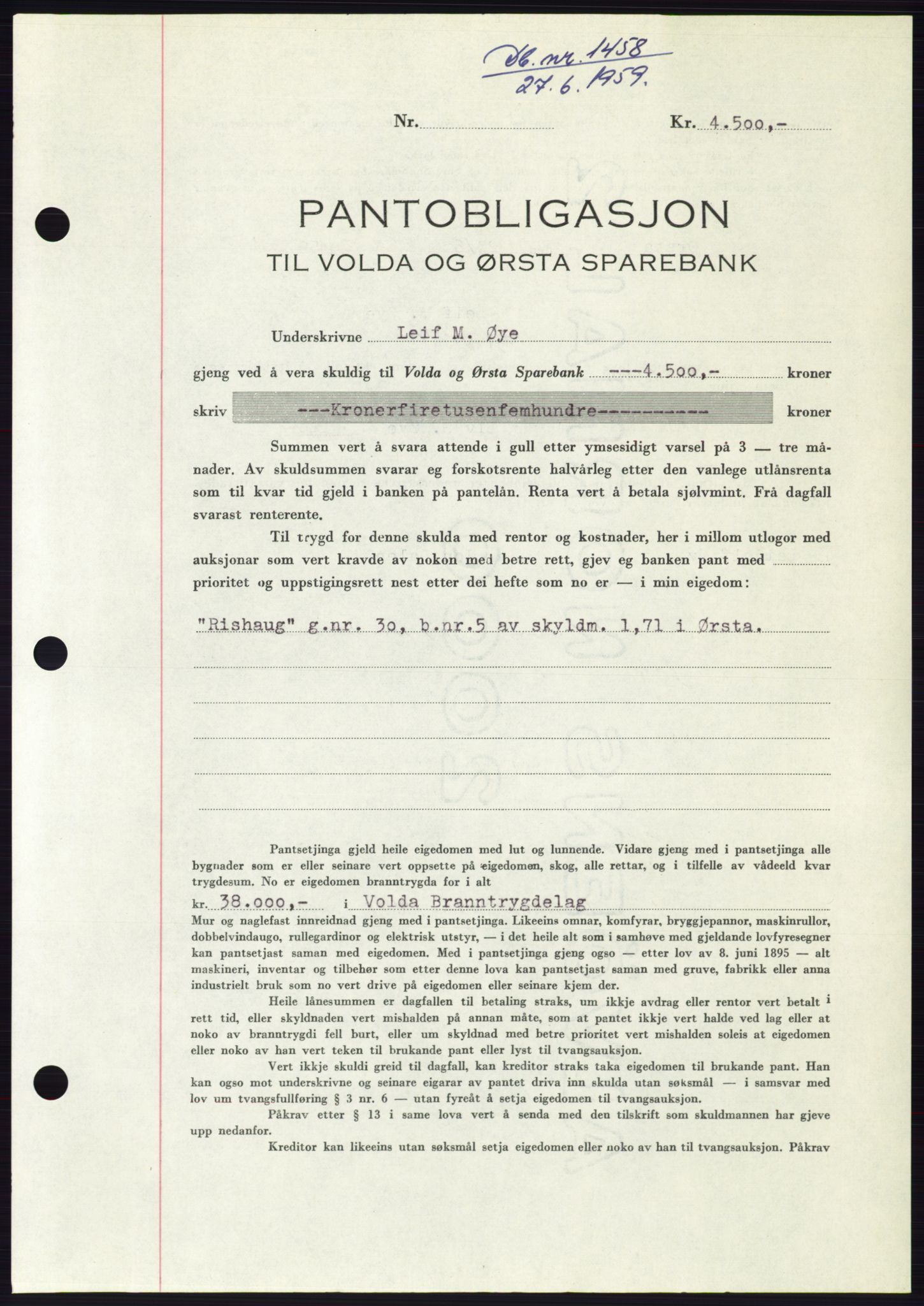 Søre Sunnmøre sorenskriveri, SAT/A-4122/1/2/2C/L0133: Pantebok nr. 21B, 1959-1959, Dagboknr: 1458/1959