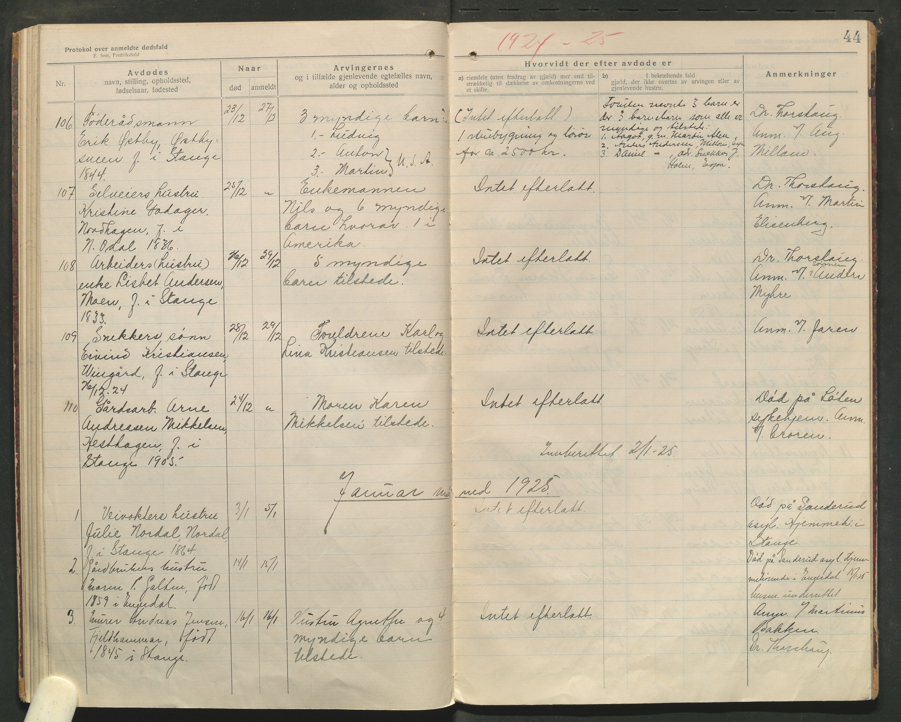 Stange lensmannskontor, AV/SAH-LHS-020/H/Ha/Haa/L0001/0004: Dødsfallsprotokoller / Dødsfallsprotokoll, 1921-1925, s. 44