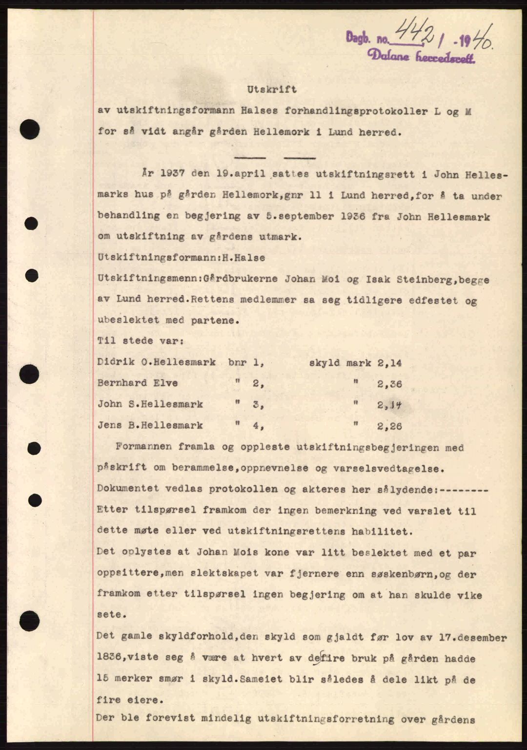 Dalane sorenskriveri, SAST/A-100309/02/G/Gb/L0044: Pantebok nr. A5, 1940-1941, Dagboknr: 442/1940