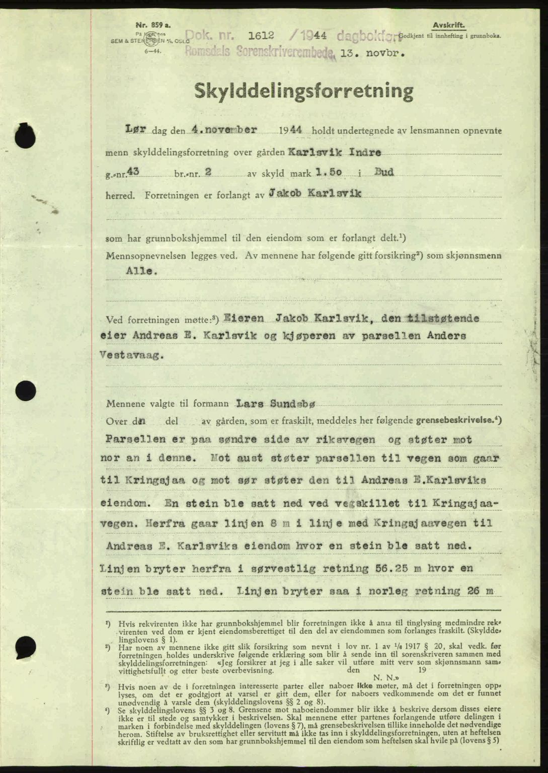 Romsdal sorenskriveri, SAT/A-4149/1/2/2C: Pantebok nr. A17, 1944-1945, Dagboknr: 1612/1944