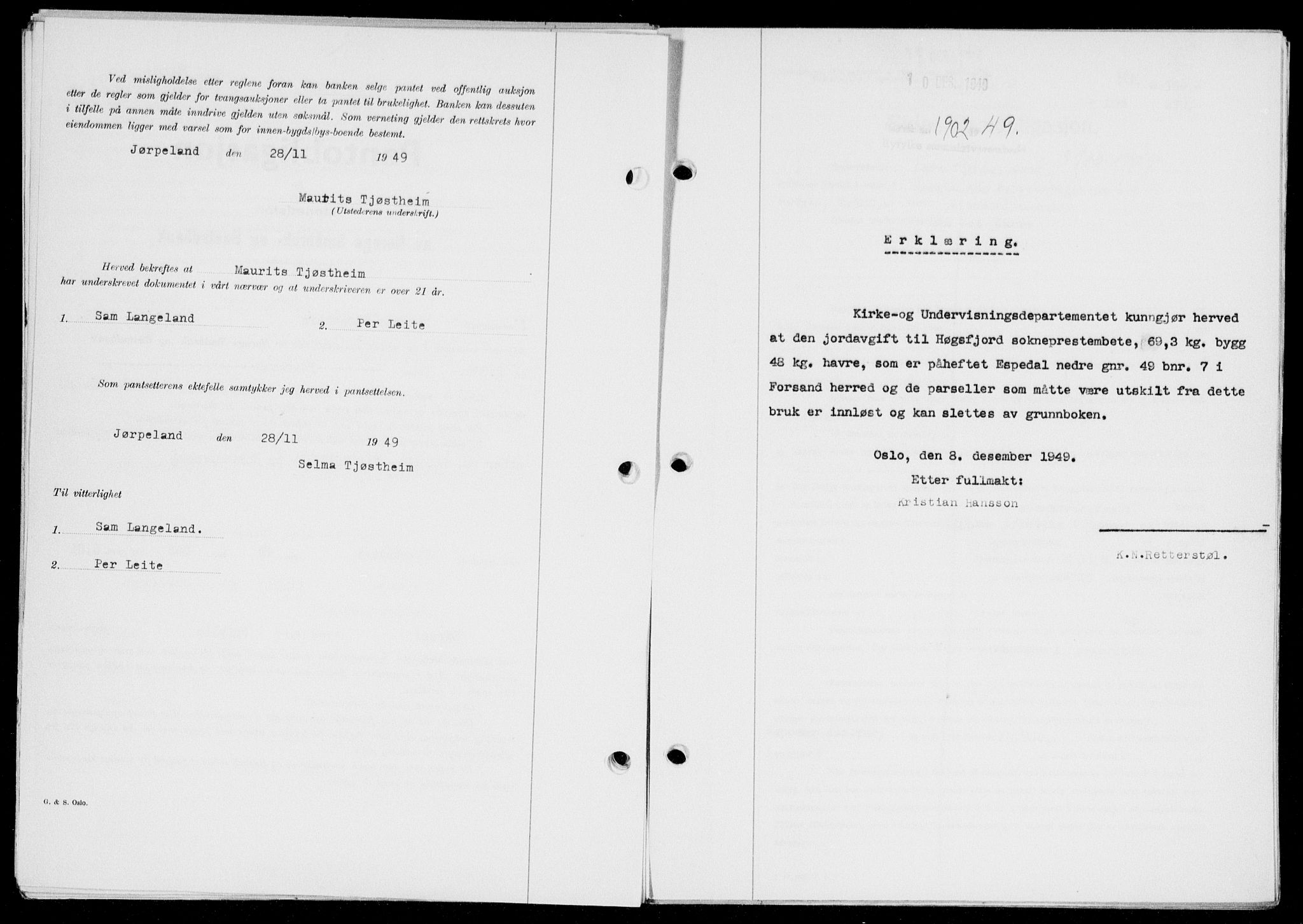Ryfylke tingrett, SAST/A-100055/001/II/IIB/L0107: Pantebok nr. 86, 1949-1960, Dagboknr: 1902/1949