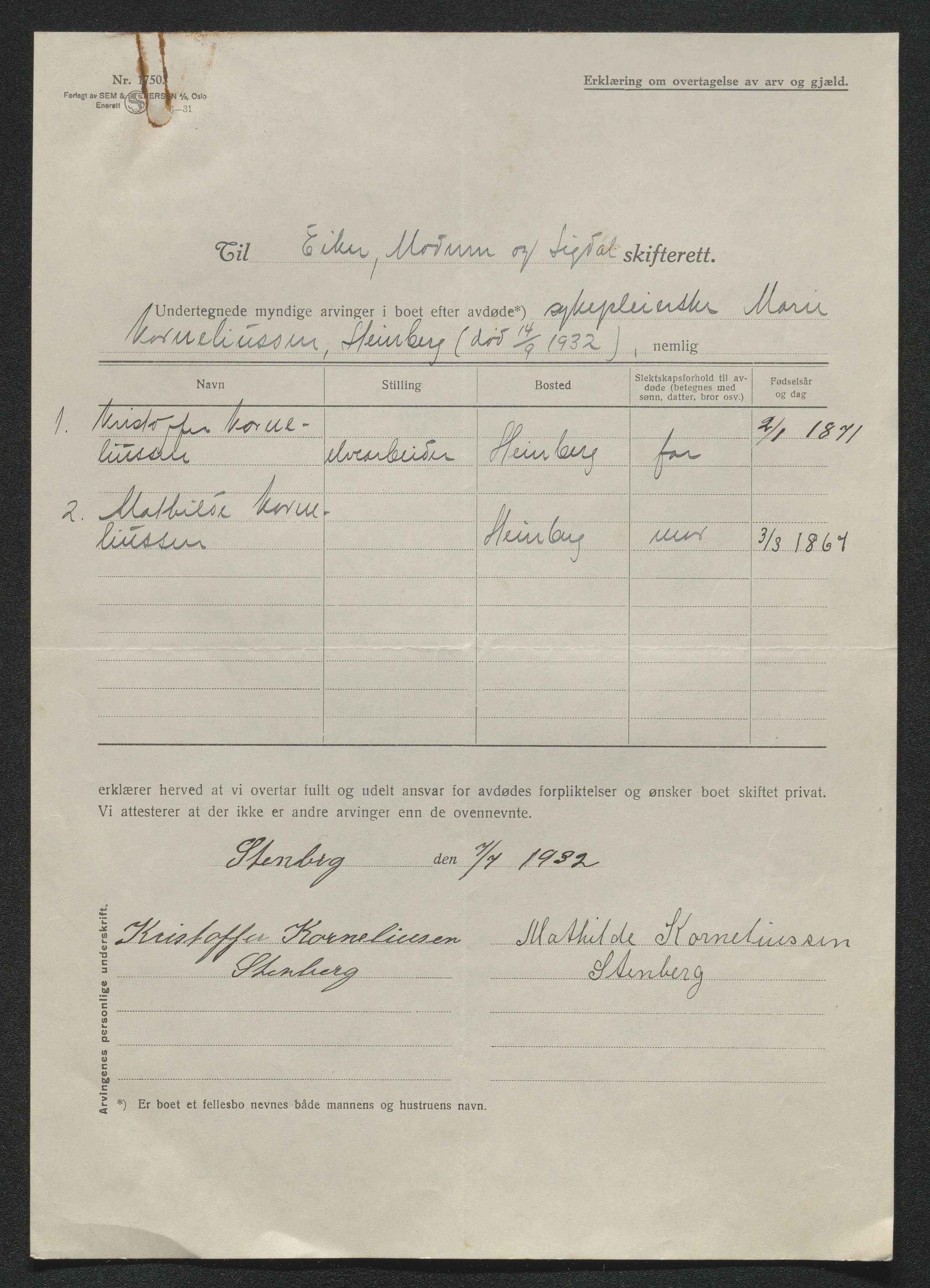 Eiker, Modum og Sigdal sorenskriveri, AV/SAKO-A-123/H/Ha/Hab/L0047: Dødsfallsmeldinger, 1932, s. 506