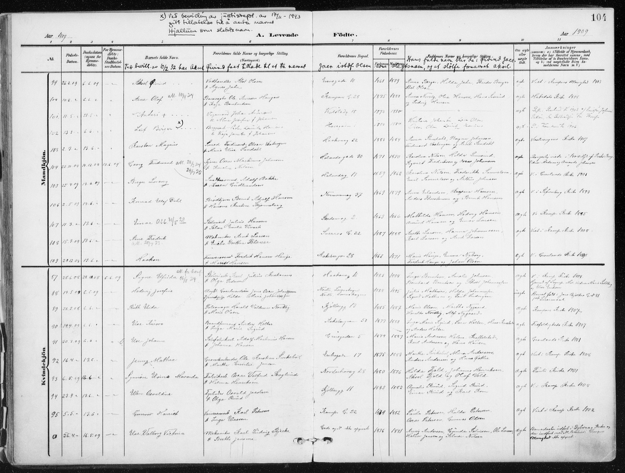 Kampen prestekontor Kirkebøker, AV/SAO-A-10853/F/Fa/L0010: Ministerialbok nr. I 10, 1905-1917, s. 104