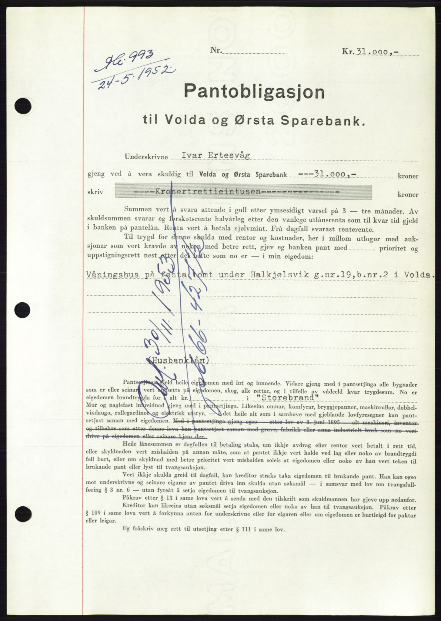 Søre Sunnmøre sorenskriveri, AV/SAT-A-4122/1/2/2C/L0121: Pantebok nr. 9B, 1951-1952, Dagboknr: 993/1952