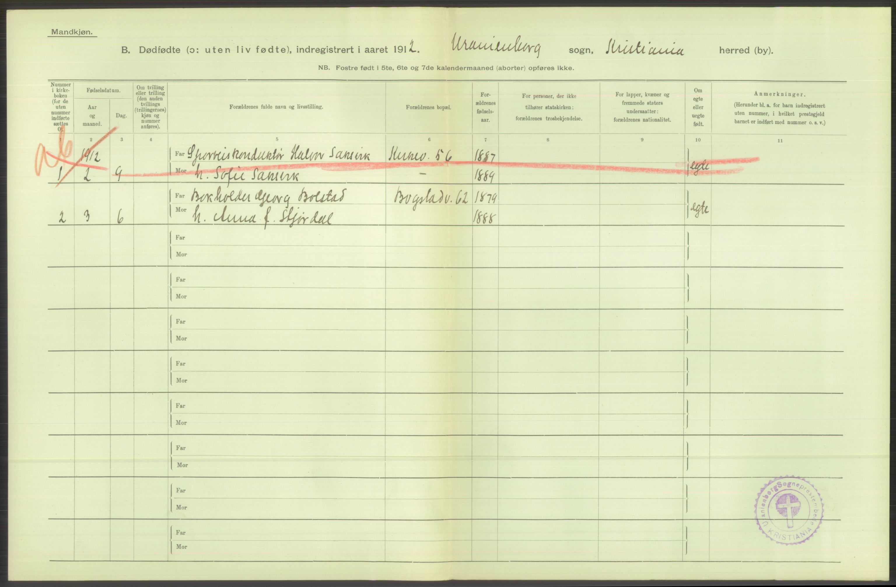 Statistisk sentralbyrå, Sosiodemografiske emner, Befolkning, AV/RA-S-2228/D/Df/Dfb/Dfbb/L0010: Kristiania: Døde, dødfødte, 1912, s. 500