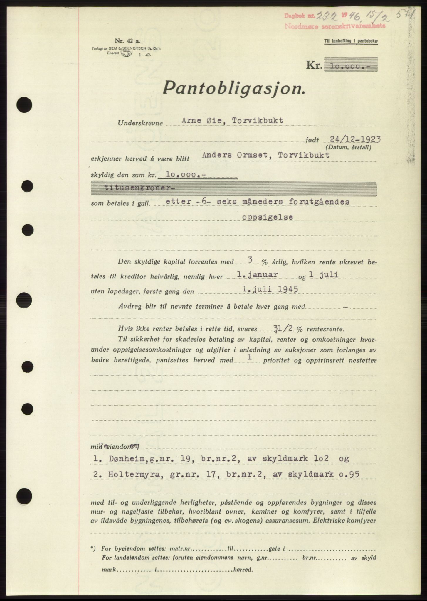 Nordmøre sorenskriveri, SAT/A-4132/1/2/2Ca: Pantebok nr. B93b, 1946-1946, Dagboknr: 232/1946
